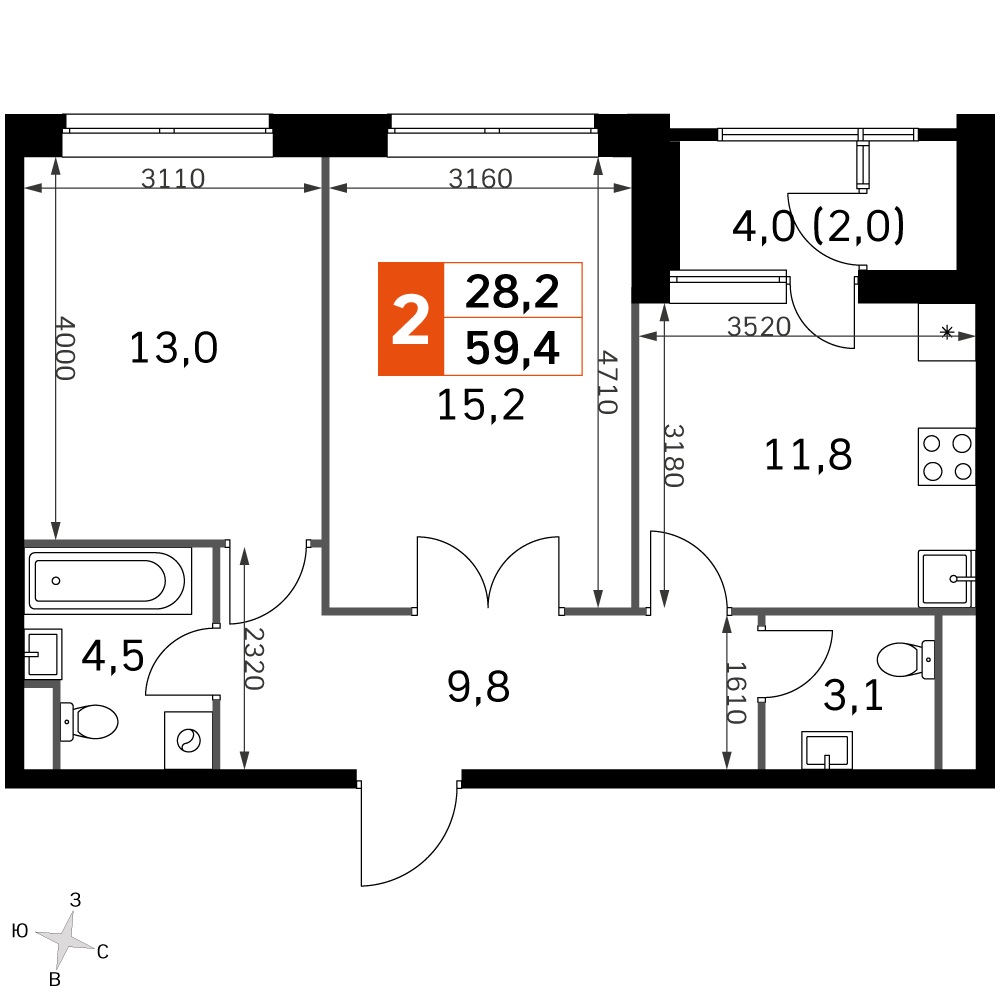 Официальная планировка Sky Garden, 57,2 м²