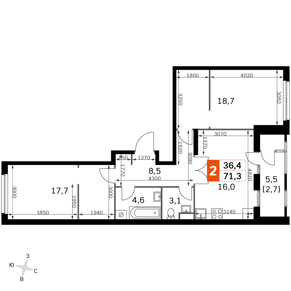 Официальная планировка Sky Garden, 70,7 м²