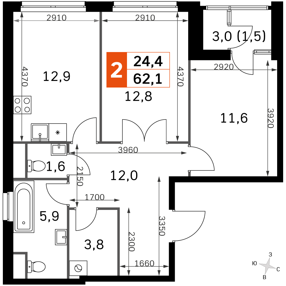 Официальная планировка Sky Garden, 61,1 м²