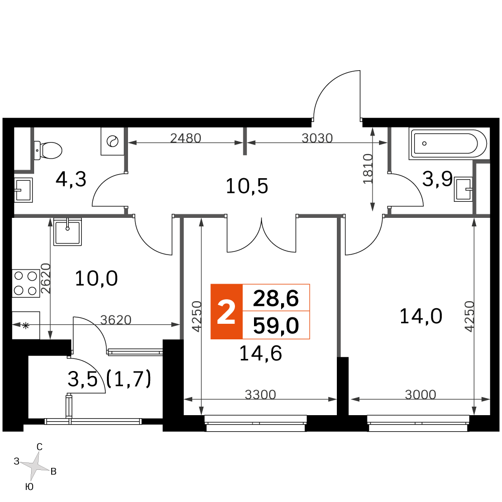 Официальная планировка Sky Garden, 56,8 м²