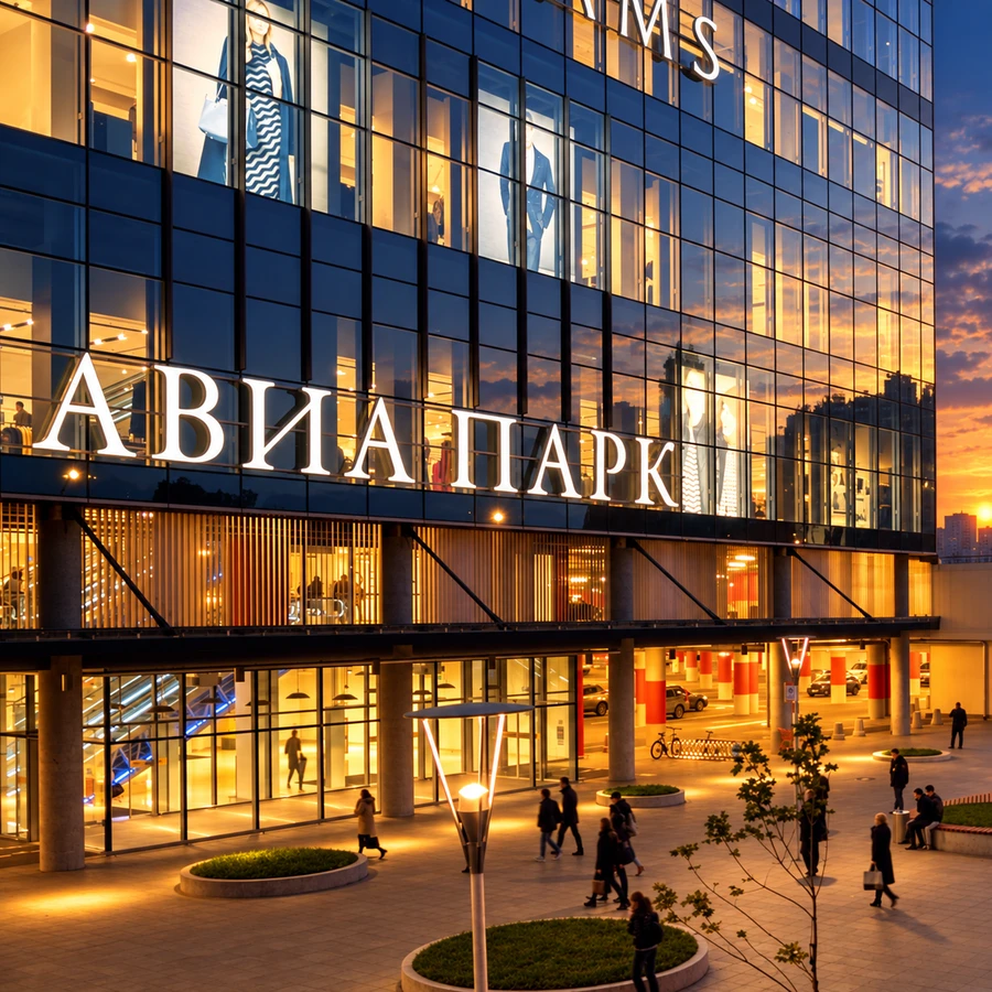 ТРЦ «Авиапарк» — вечерняя ИИ-иллюстрация