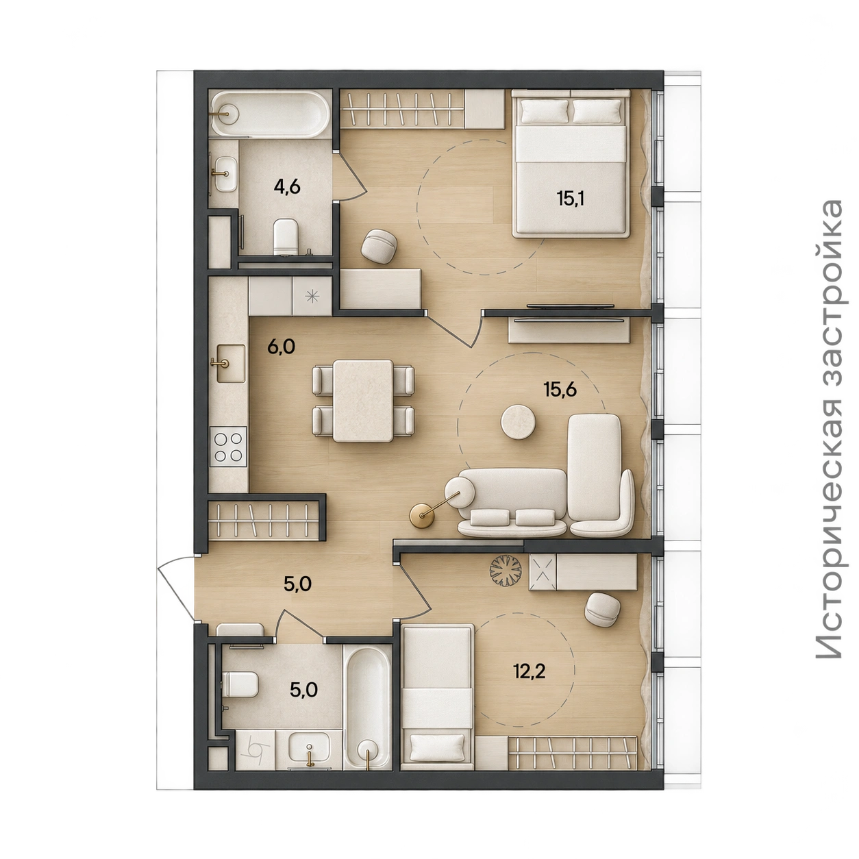 AI-иллюстрация 63,5 м². Материалы и меблировка показаны условно; официальный чертёж — в 2D.