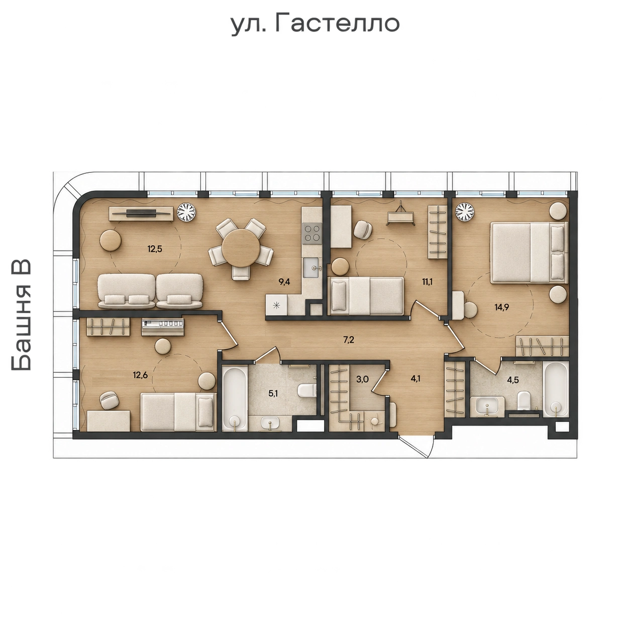 AI-иллюстрация 84,4 м². Материалы и меблировка показаны условно; официальный чертёж — в 2D.