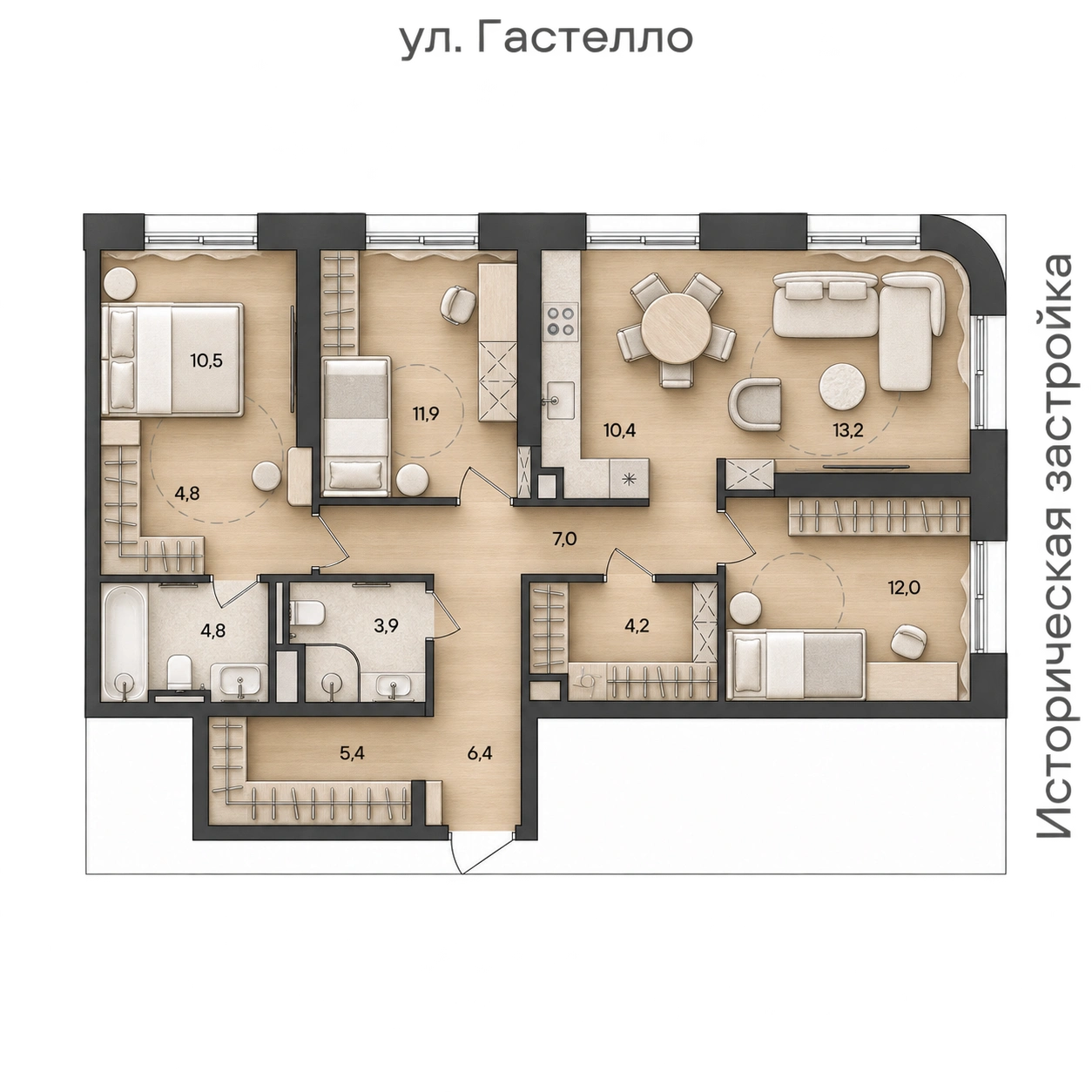 AI-иллюстрация 94,5 м². Материалы и меблировка показаны условно; официальный чертёж — в 2D.