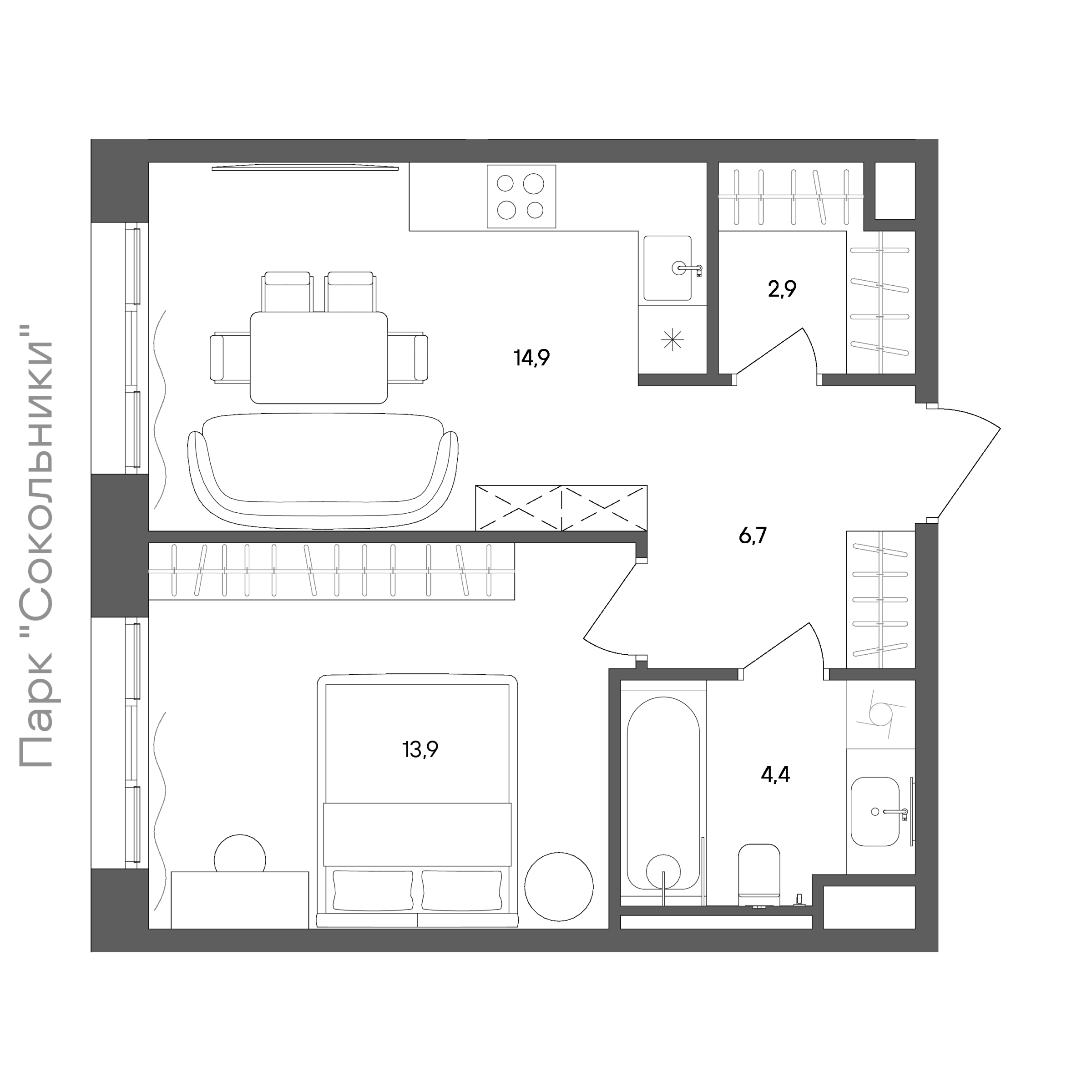 Официальная схема СТОУН Сокольники, 42,8 м²