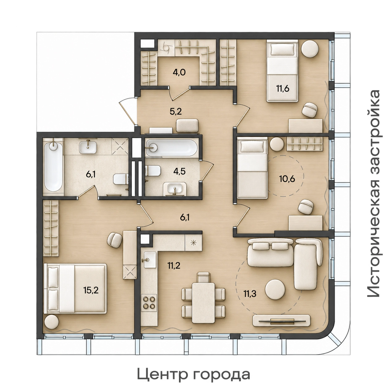 AI-иллюстрация 85,8 м². Материалы и меблировка показаны условно; официальный чертёж — в 2D.