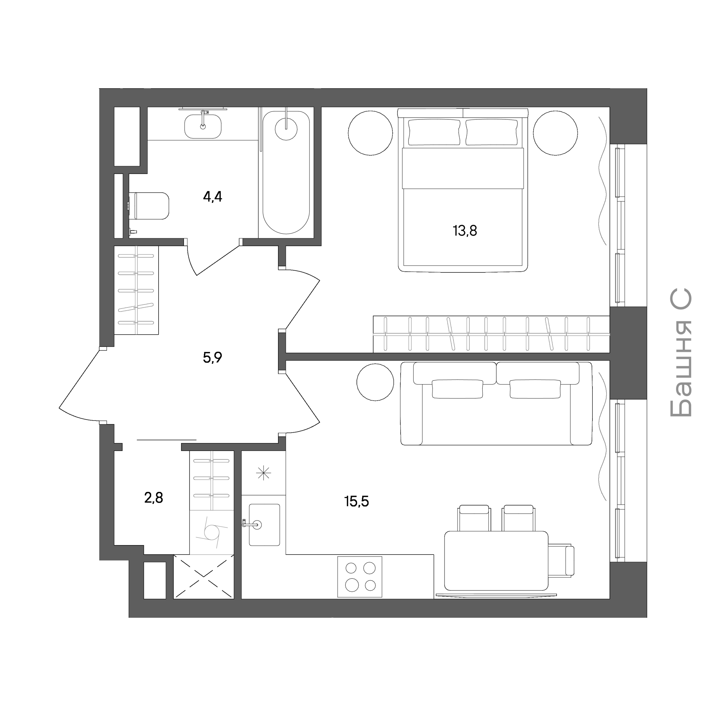 Официальная схема СТОУН Сокольники, 42,4 м²