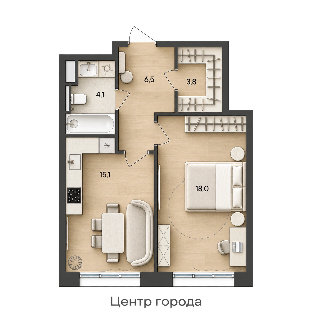 AI-иллюстрация 47,5 м². Материалы и меблировка показаны условно; официальный чертёж — в 2D.