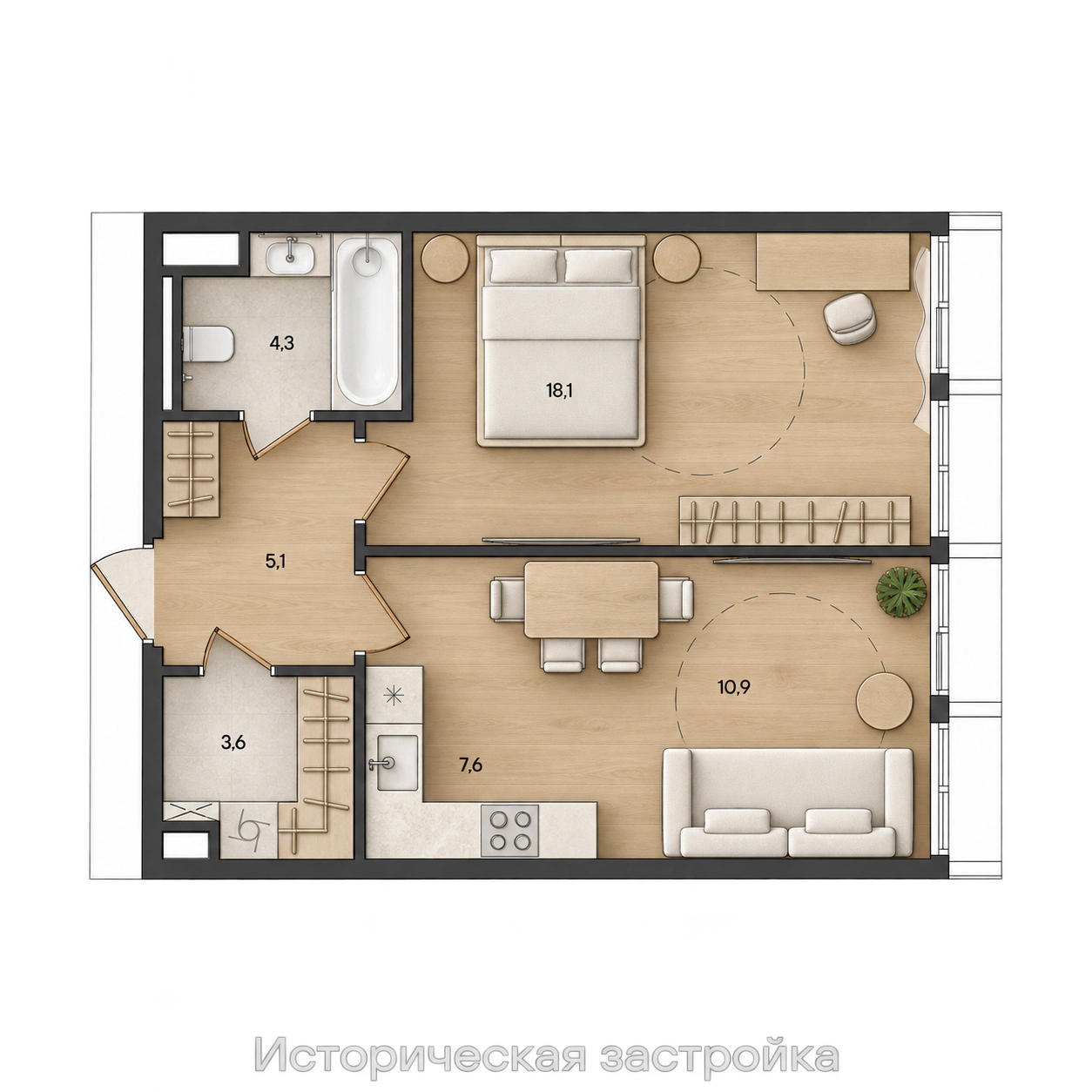 AI-иллюстрация 49,6 м². Материалы и меблировка показаны условно; официальный чертёж — в 2D.