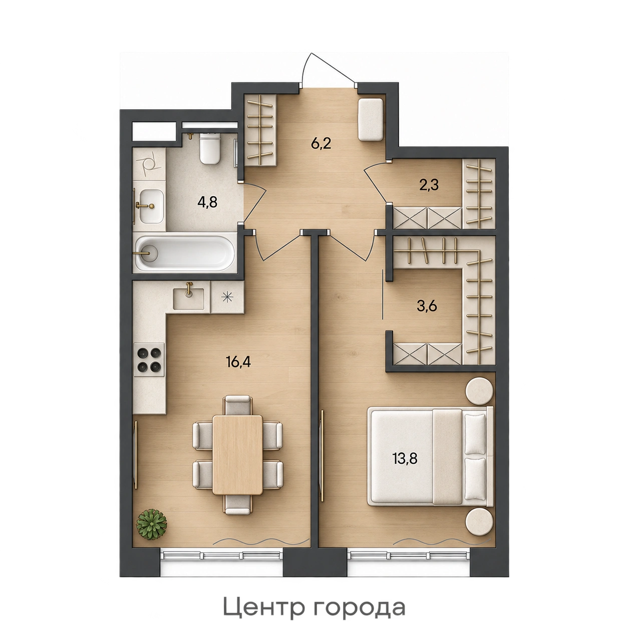 AI-иллюстрация 47,1 м². Материалы и меблировка показаны условно; официальный чертёж — в 2D.