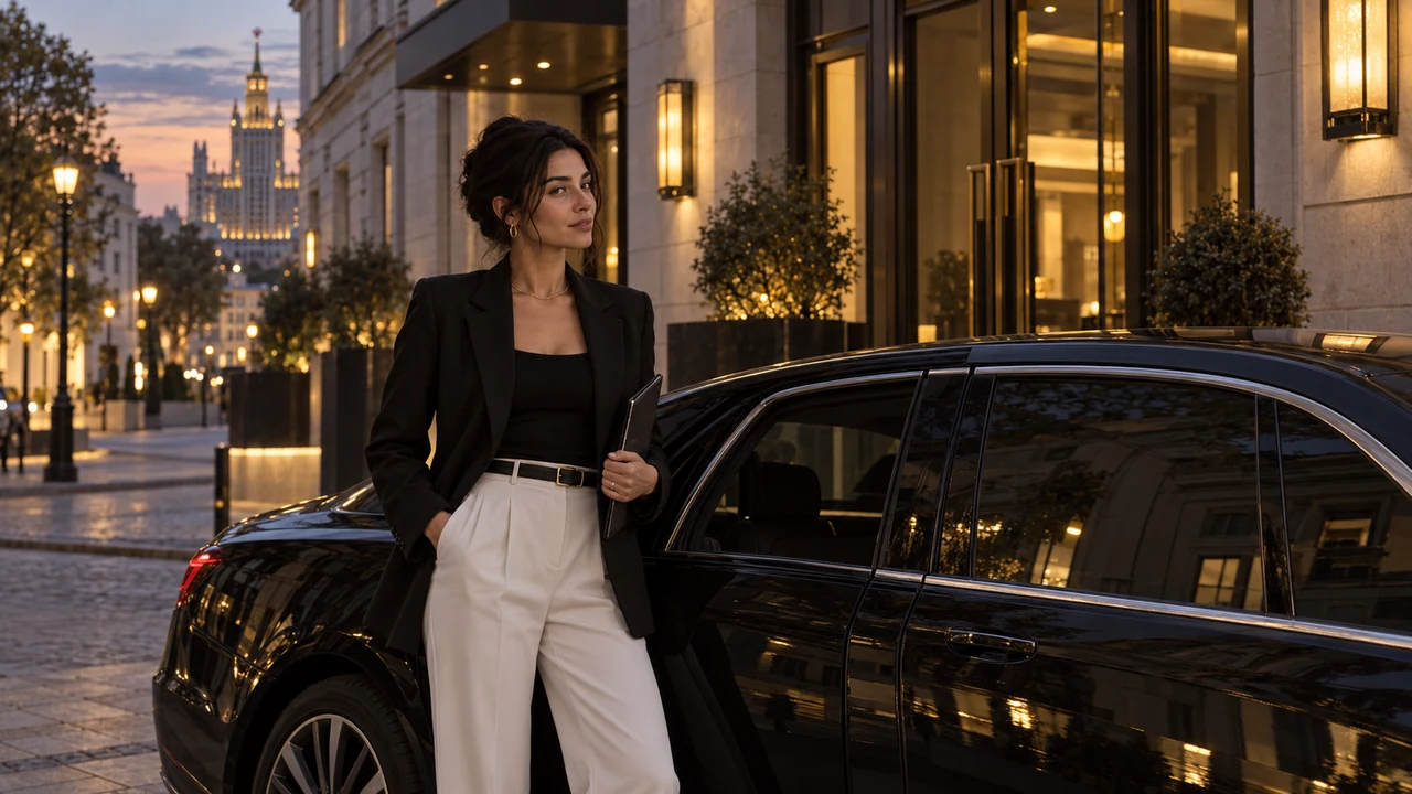 Эксперт BLACK ATLAS у автомобиля в вечерней Москве — иллюстрация просмотра