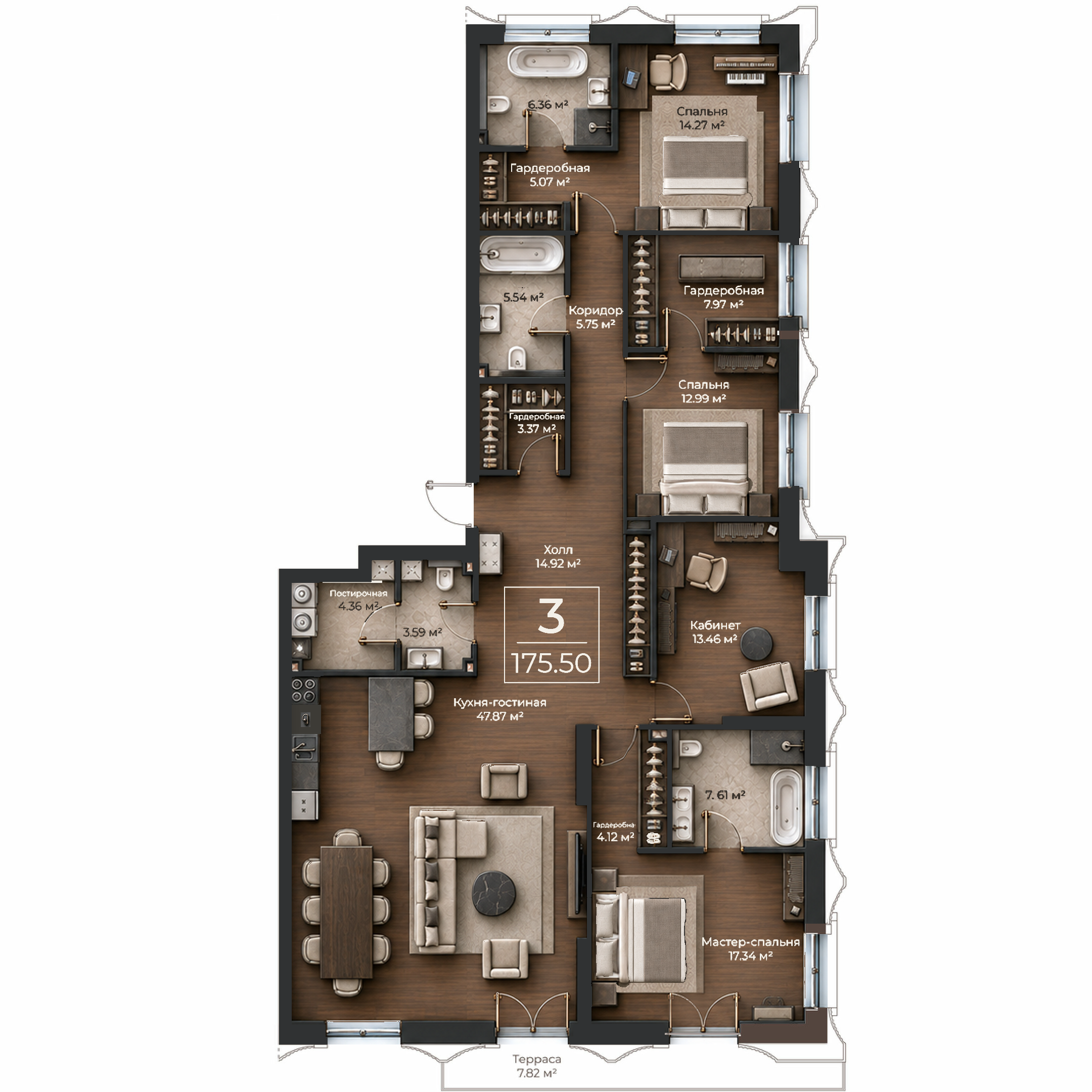 Объёмная AI-иллюстрация квартиры 175,5 м² в стиле BLACK ATLAS; материалы условные