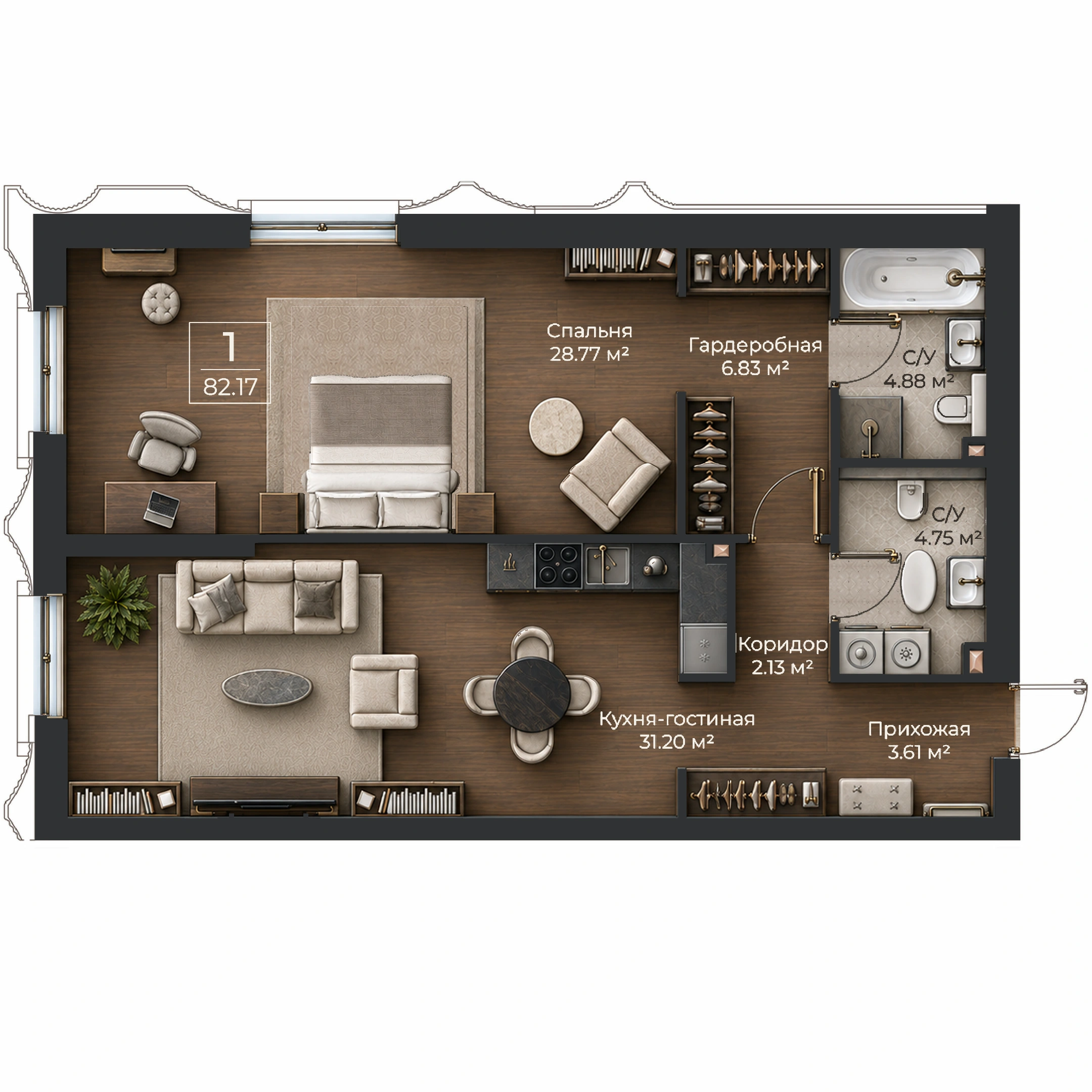 Объёмная AI-иллюстрация квартиры 82,17 м² в стиле BLACK ATLAS; материалы условные