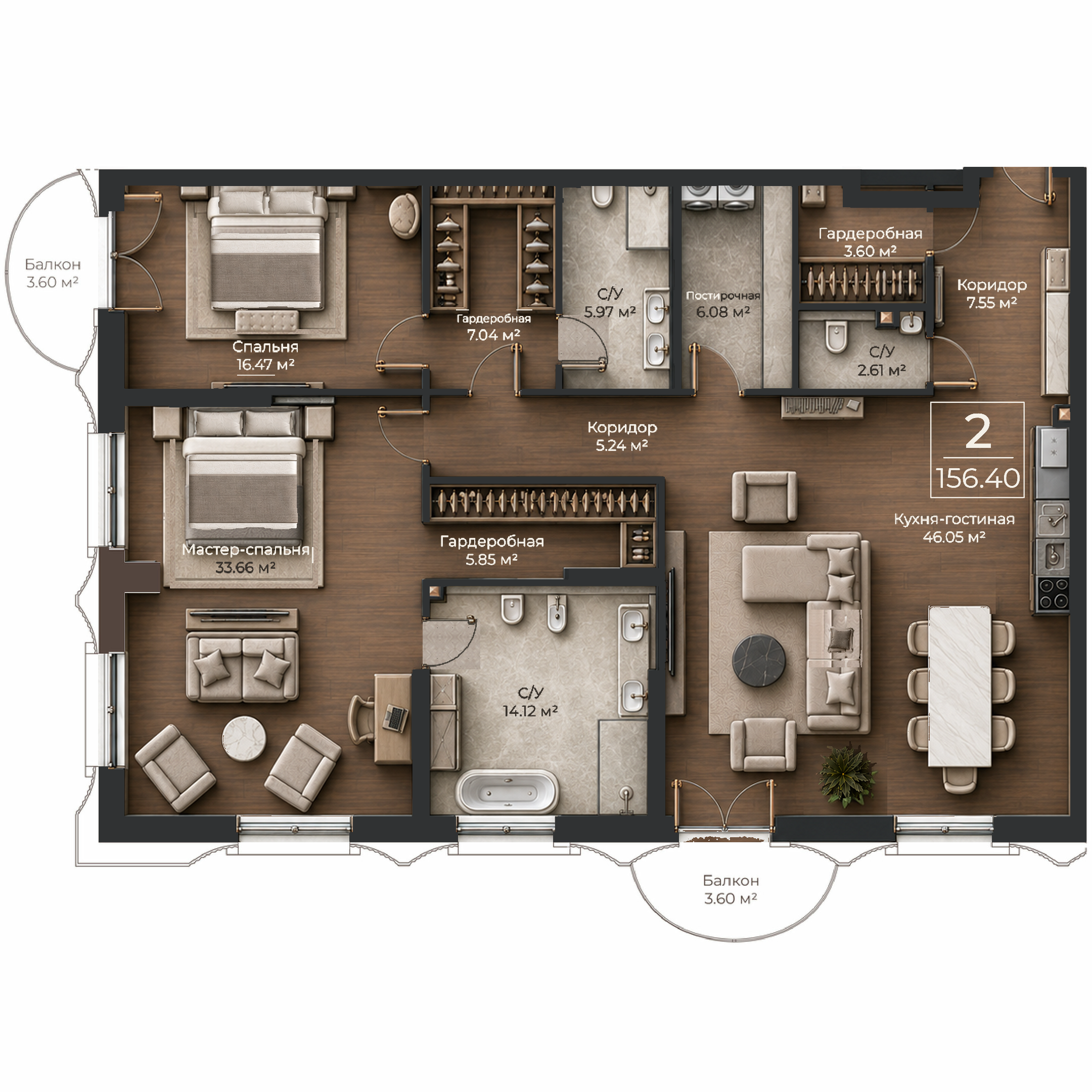 Объёмная AI-иллюстрация квартиры 156,4 м² в стиле BLACK ATLAS; материалы условные