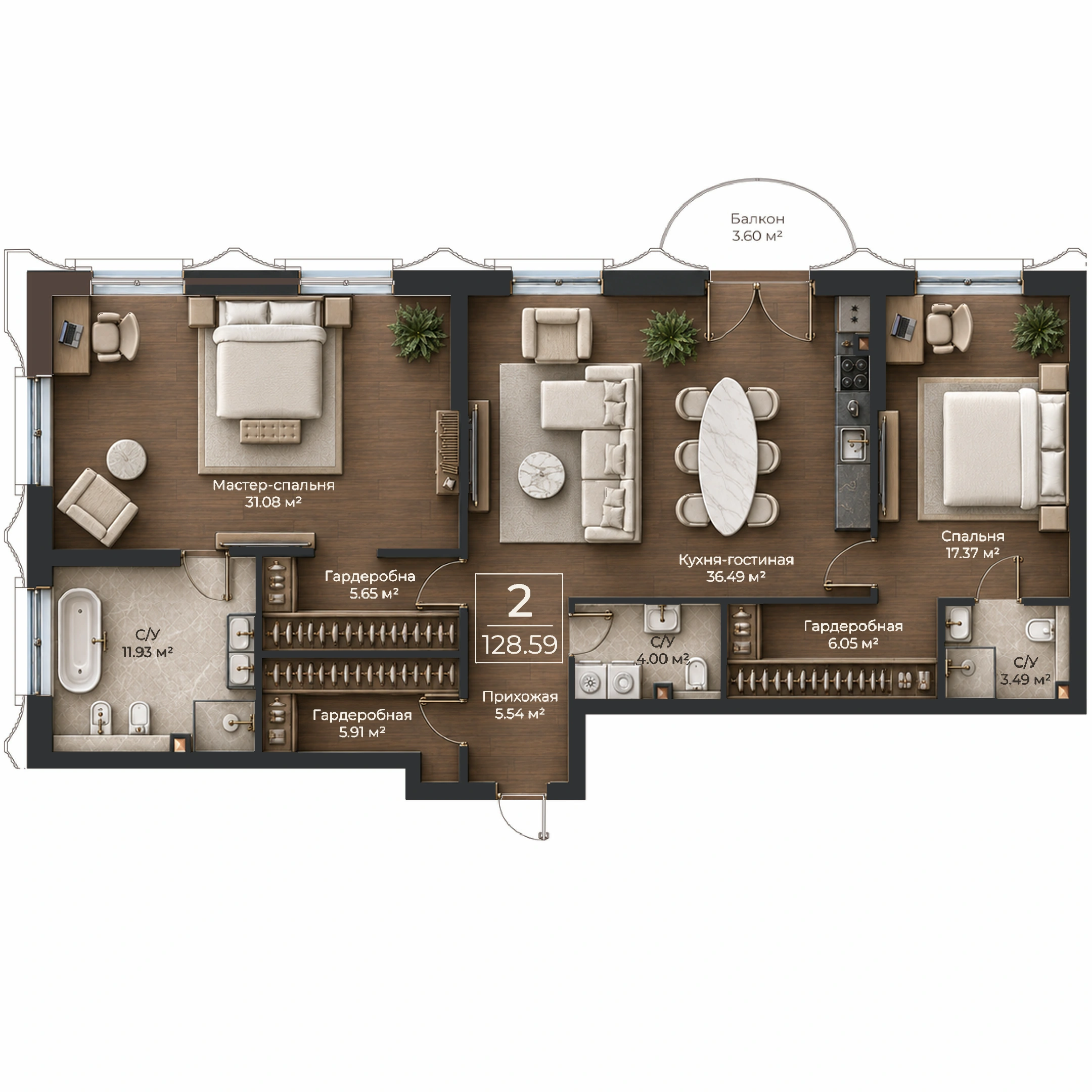 Объёмная AI-иллюстрация квартиры 128,59 м² в стиле BLACK ATLAS; материалы условные