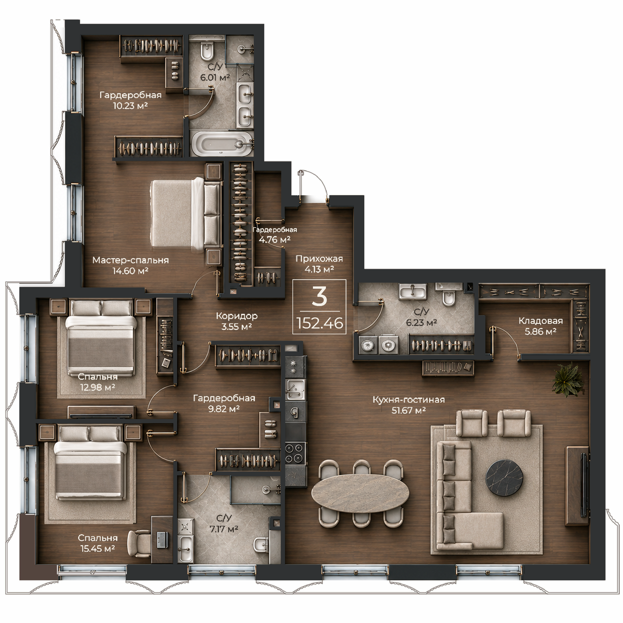 Объёмная AI-иллюстрация квартиры 152,46 м² в стиле BLACK ATLAS; материалы условные