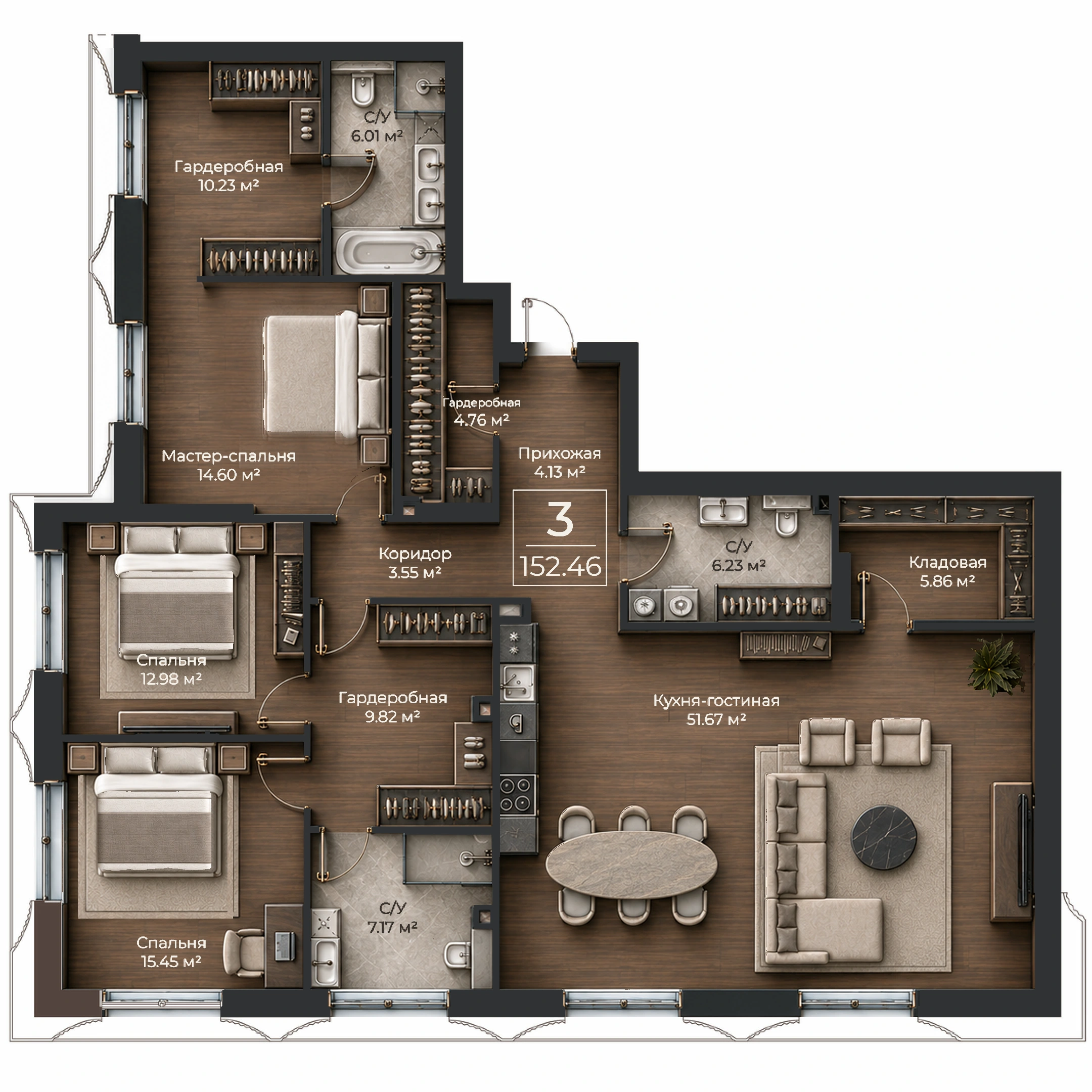 Объёмная AI-иллюстрация квартиры 152,46 м² в стиле BLACK ATLAS; материалы условные
