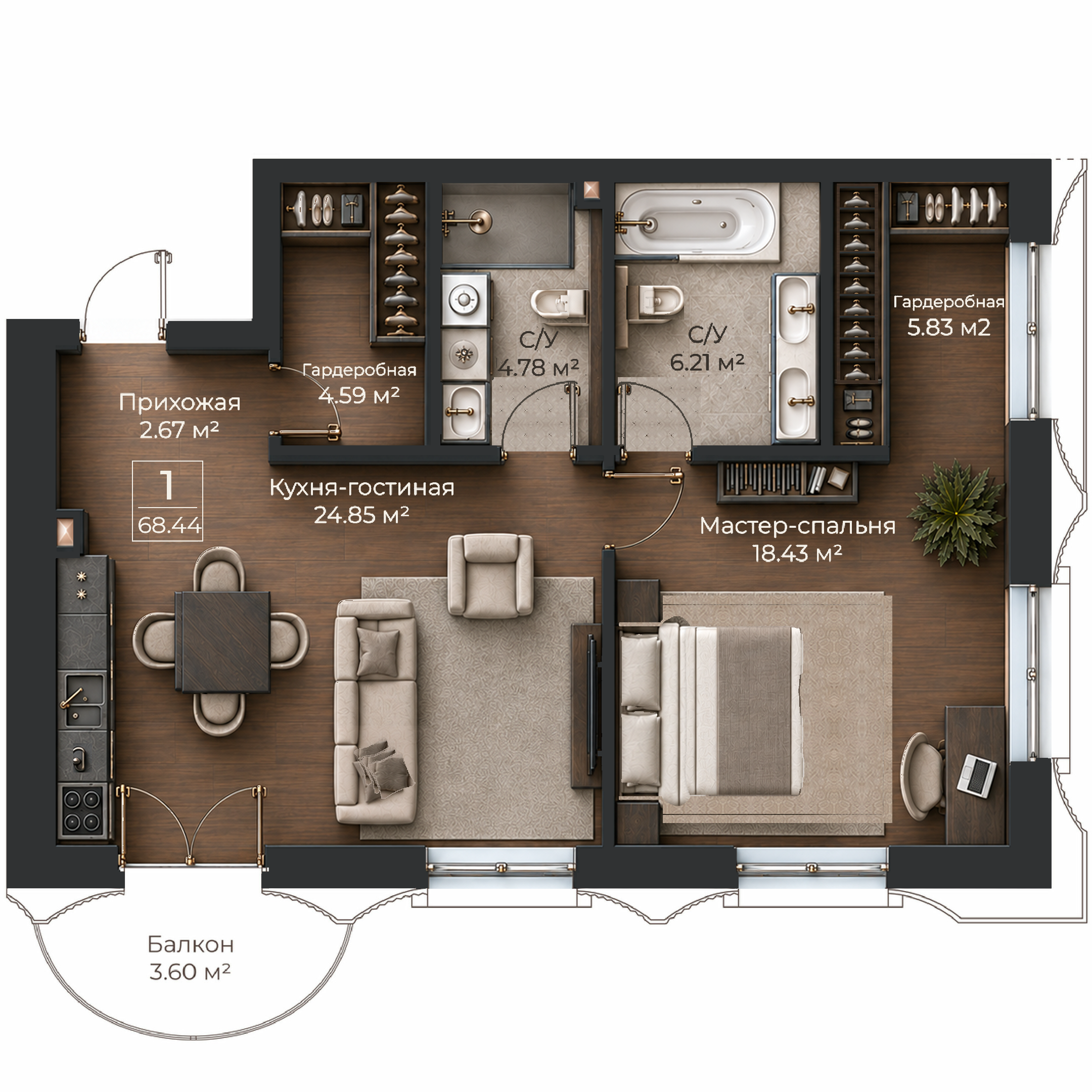 Объёмная AI-иллюстрация квартиры 68,44 м² в стиле BLACK ATLAS; материалы условные