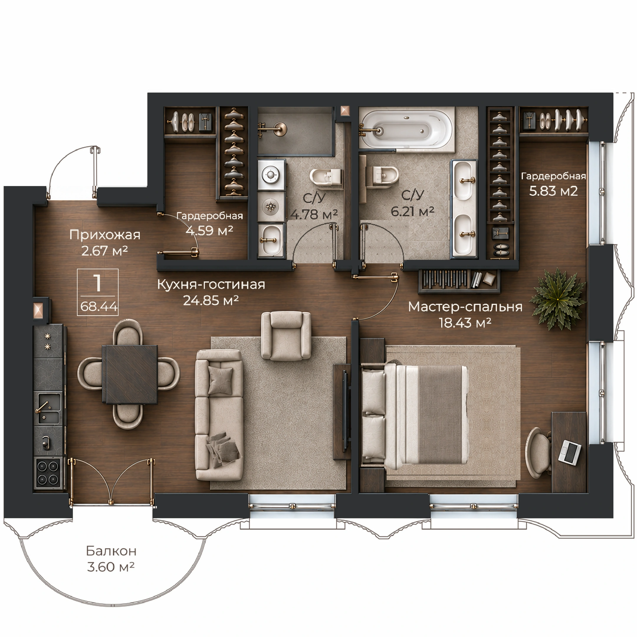 Объёмная AI-иллюстрация квартиры 68,44 м² в стиле BLACK ATLAS; материалы условные