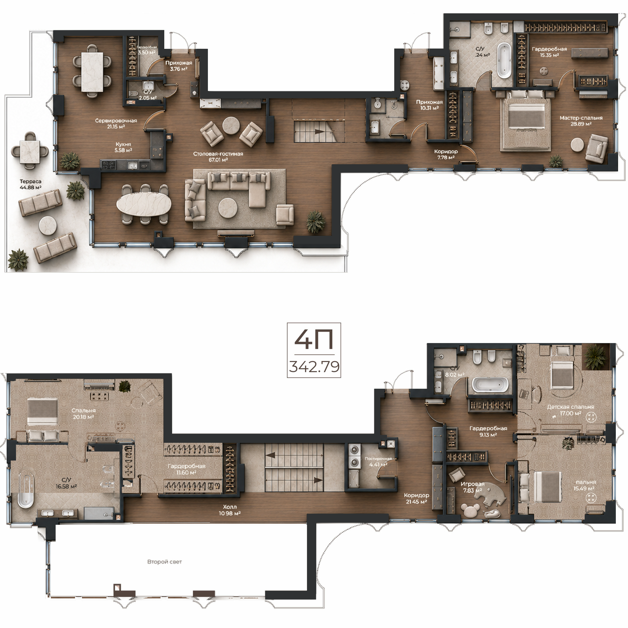 Объёмная AI-иллюстрация квартиры 342,79 м² в стиле BLACK ATLAS; материалы условные