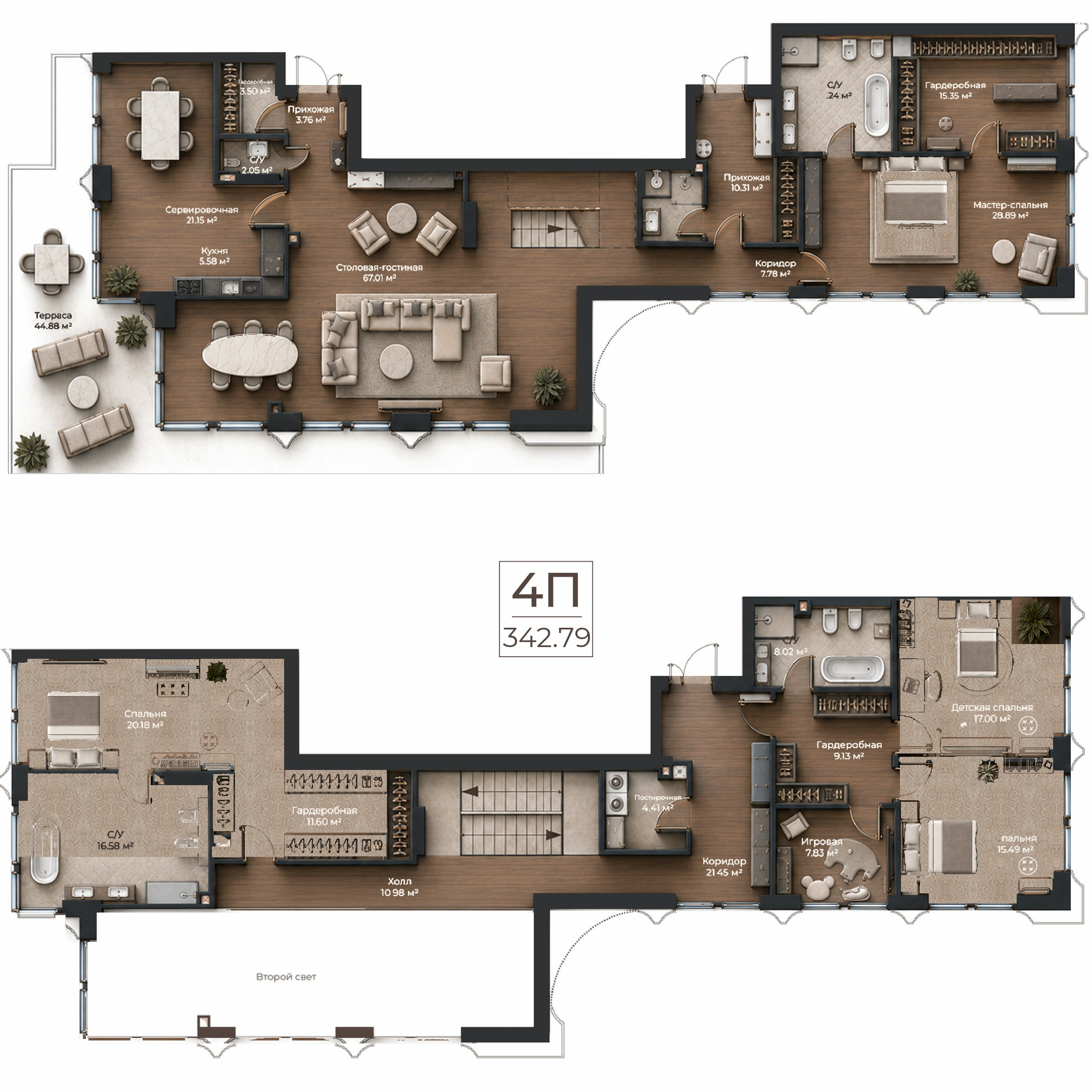 Объёмная AI-иллюстрация квартиры 342,79 м² в стиле BLACK ATLAS; материалы условные