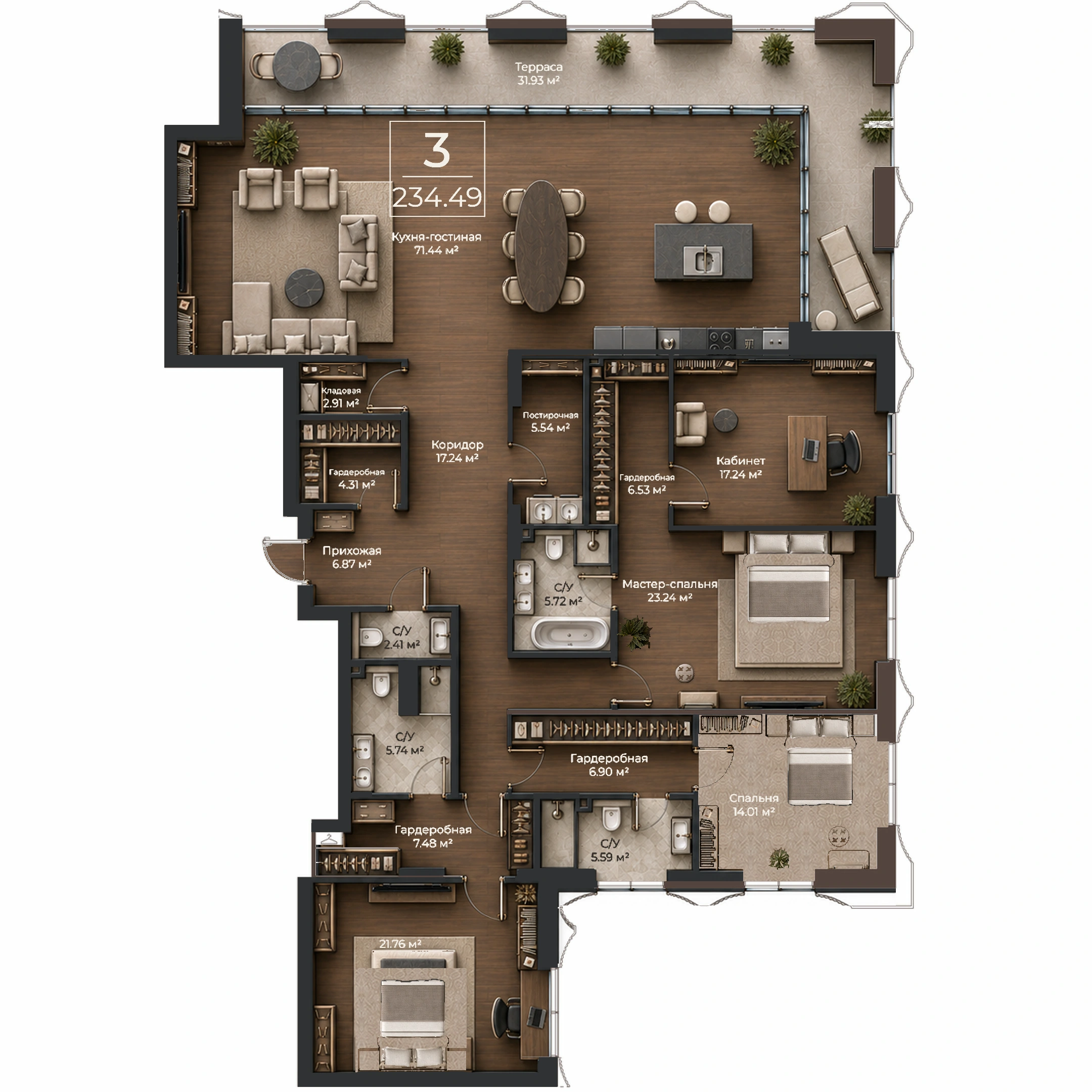 Объёмная AI-иллюстрация квартиры 234,49 м² в стиле BLACK ATLAS; материалы условные