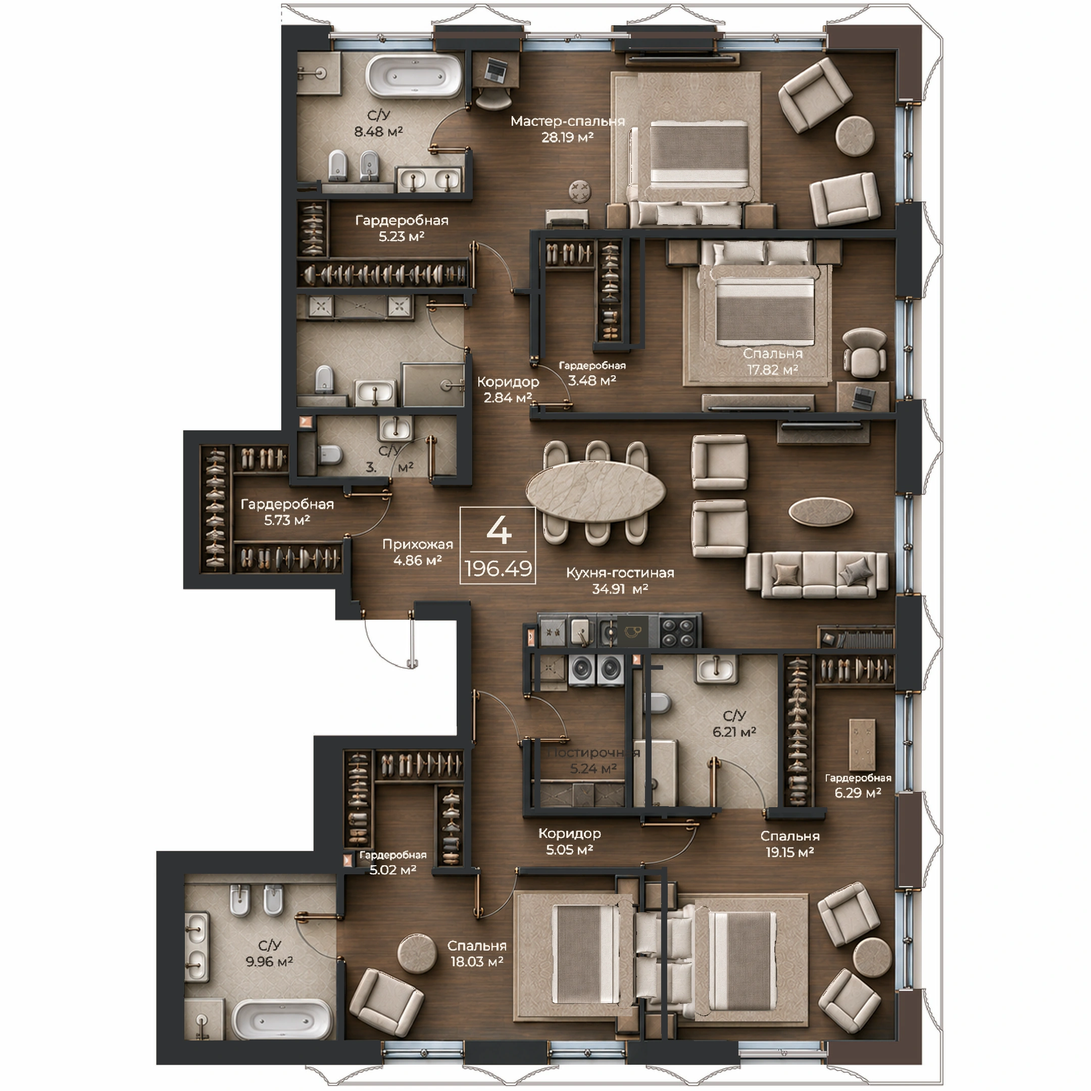 Объёмная AI-иллюстрация квартиры 196,49 м² в стиле BLACK ATLAS; материалы условные