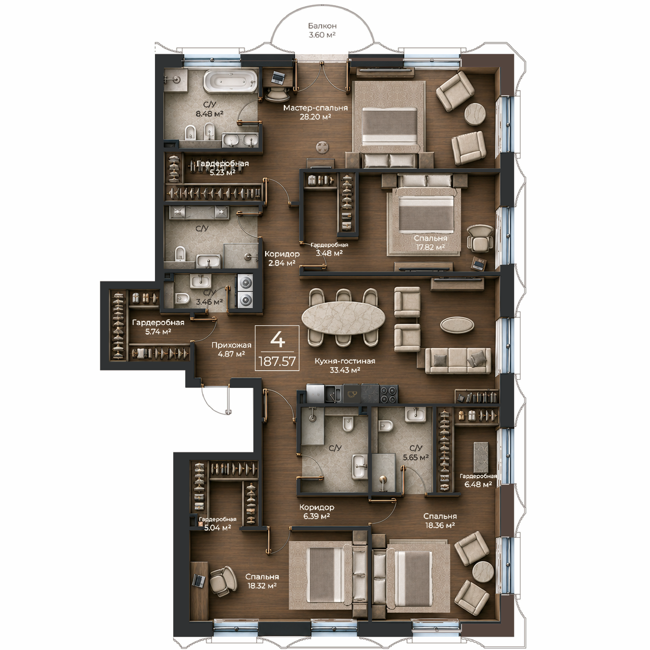Объёмная AI-иллюстрация квартиры 187,57 м² в стиле BLACK ATLAS; материалы условные