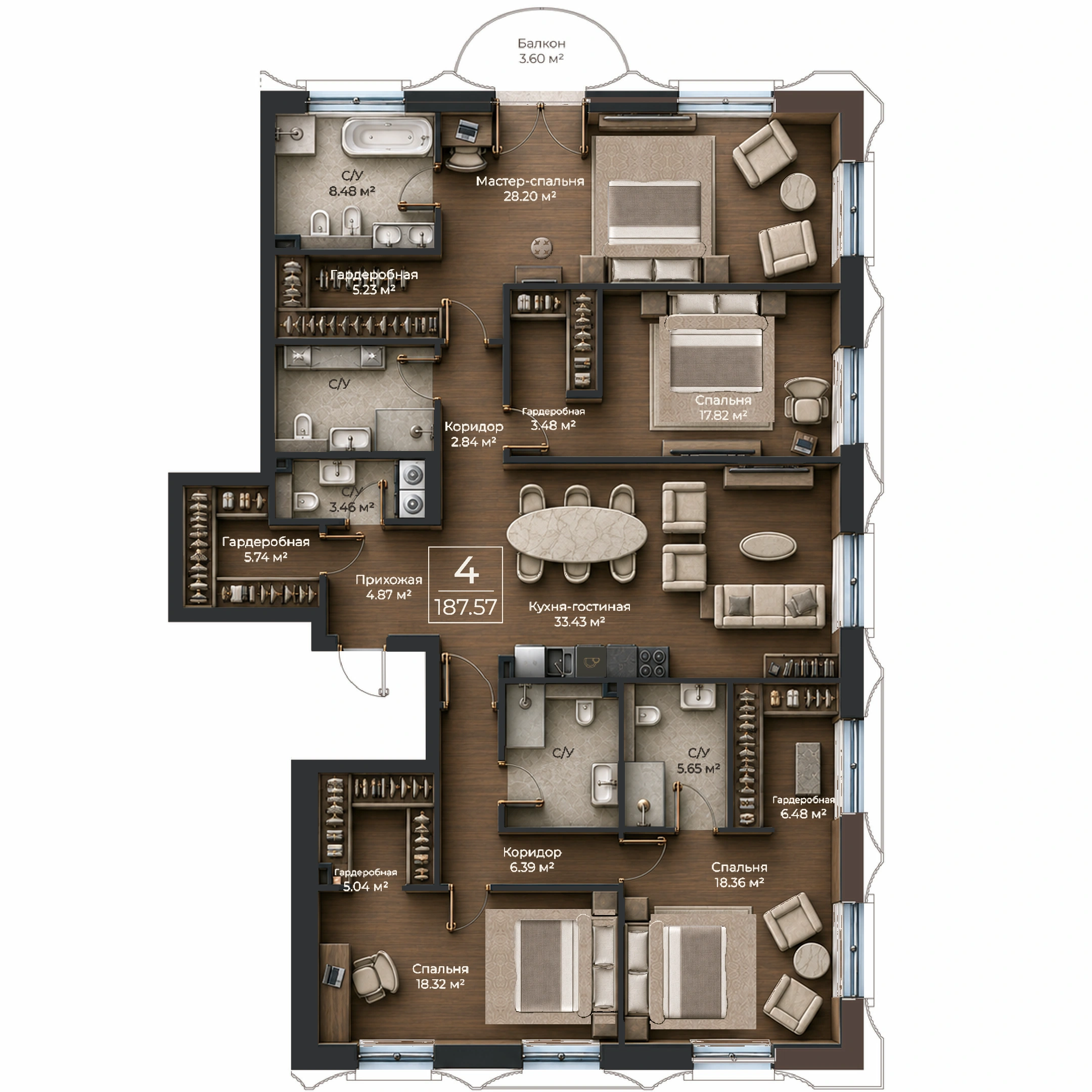 Объёмная AI-иллюстрация квартиры 187,57 м² в стиле BLACK ATLAS; материалы условные