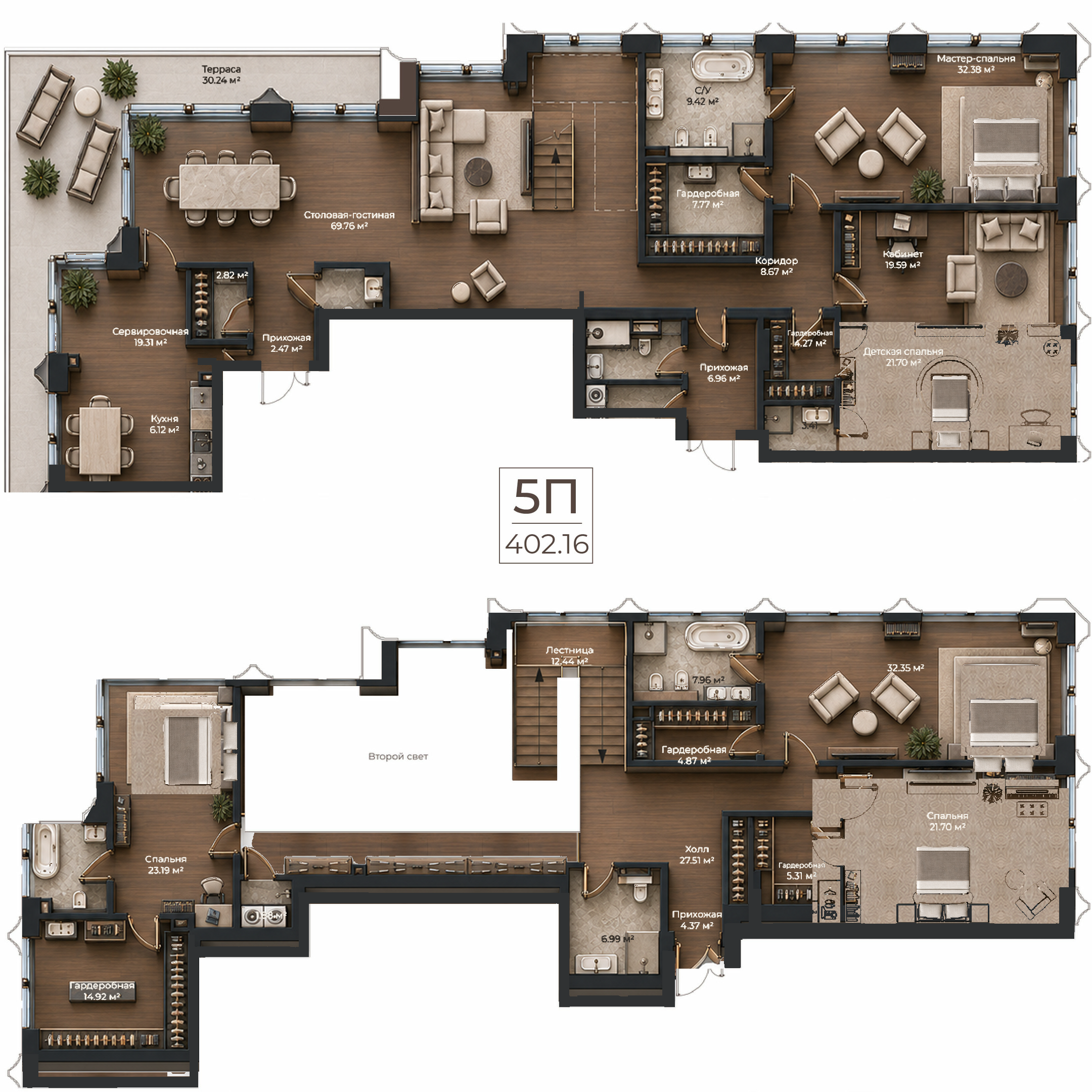 Объёмная AI-иллюстрация квартиры 402,16 м² в стиле BLACK ATLAS; материалы условные