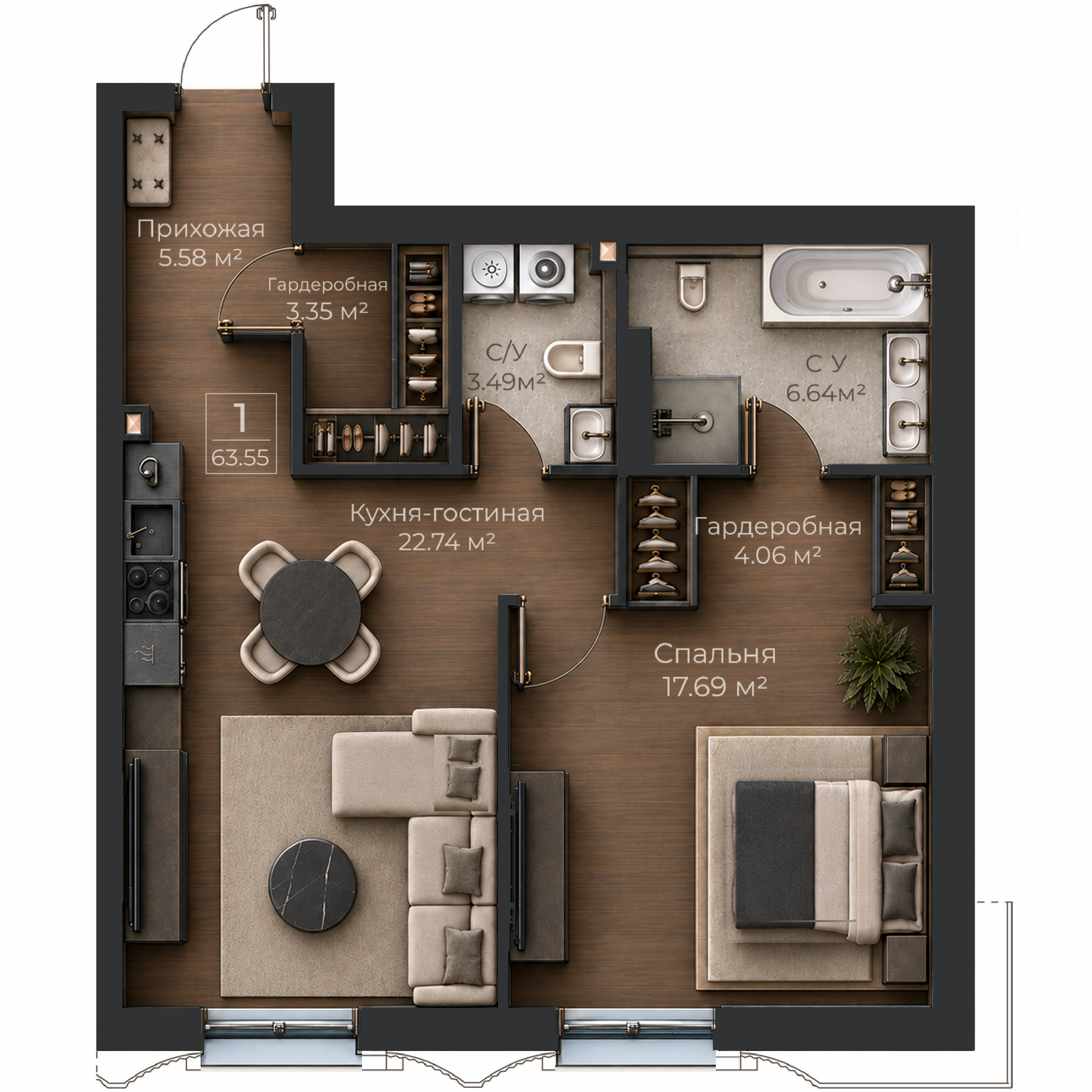 Объёмная AI-иллюстрация квартиры 63,55 м² в стиле BLACK ATLAS; материалы условные