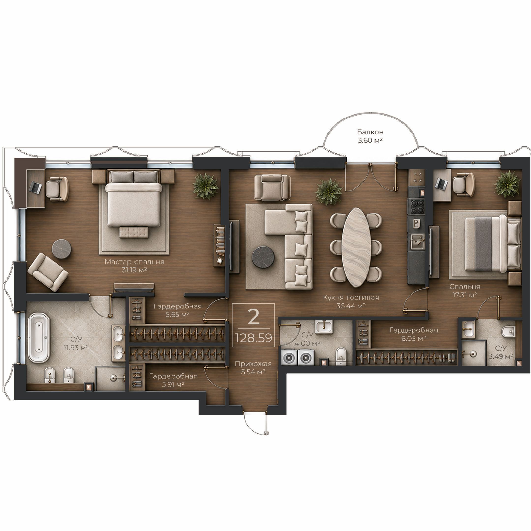 Объёмная AI-иллюстрация квартиры 128,59 м² в стиле BLACK ATLAS; материалы условные