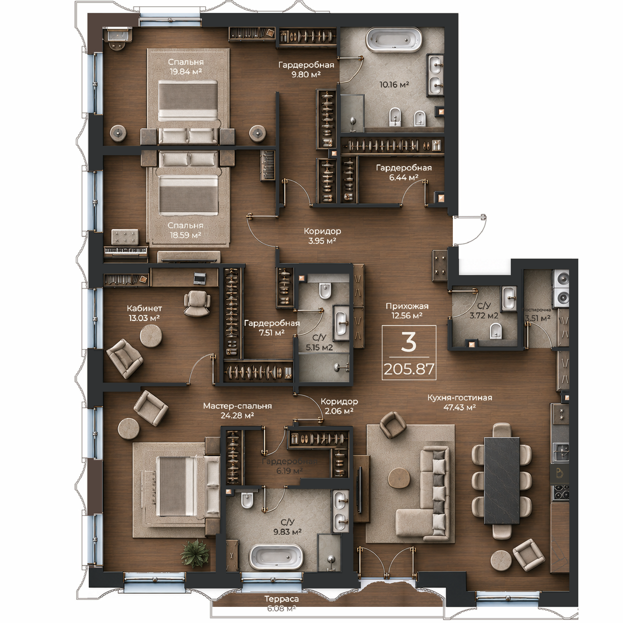 Объёмная AI-иллюстрация квартиры 205,87 м² в стиле BLACK ATLAS; материалы условные
