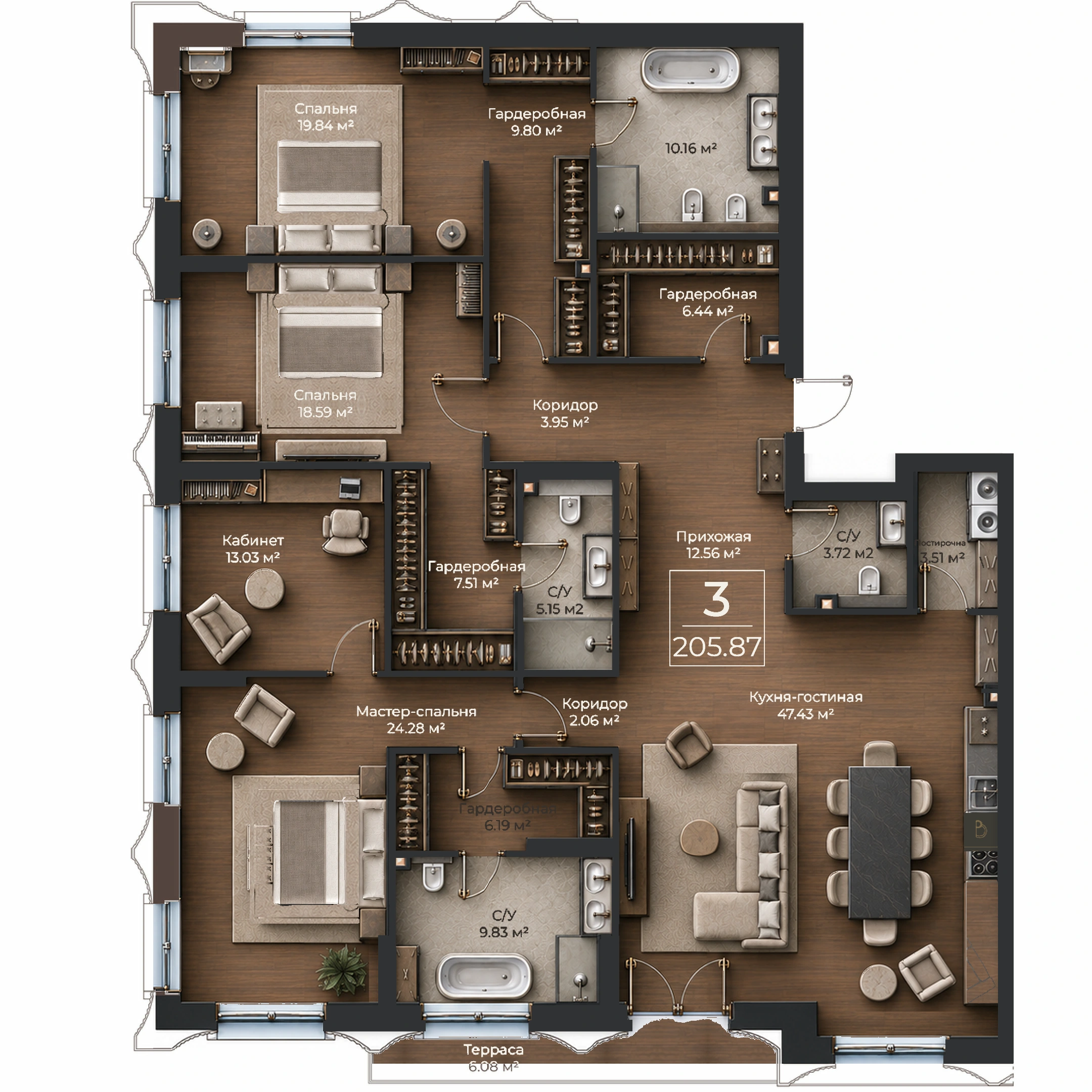 Объёмная AI-иллюстрация квартиры 205,87 м² в стиле BLACK ATLAS; материалы условные