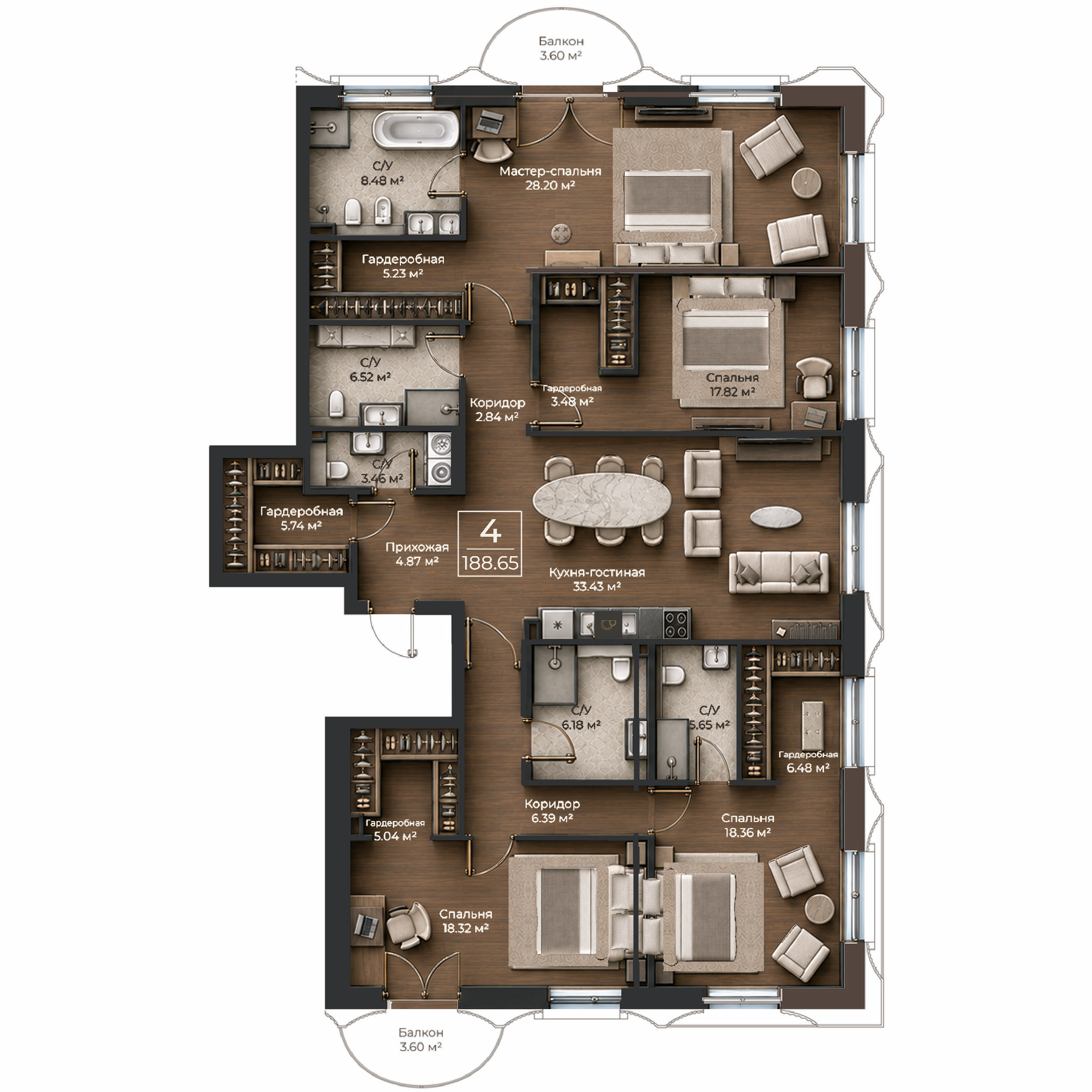 Объёмная AI-иллюстрация квартиры 188,65 м² в стиле BLACK ATLAS; материалы условные