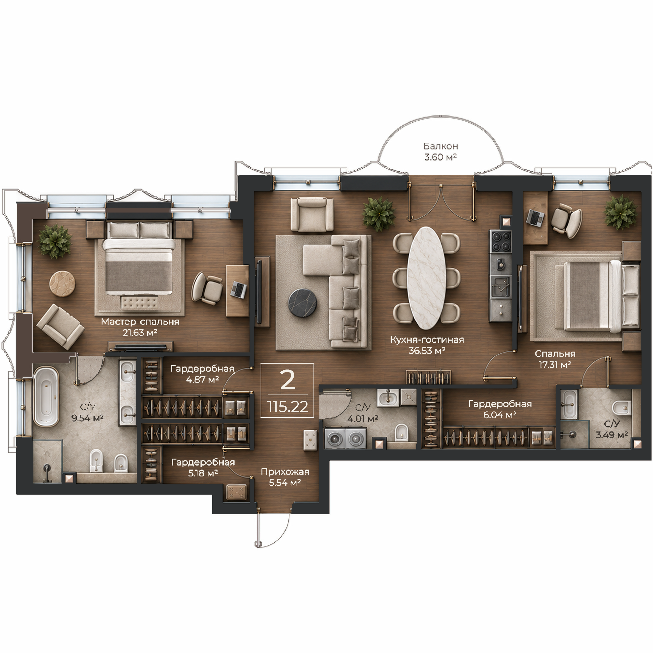 Объёмная AI-иллюстрация квартиры 115,22 м² в стиле BLACK ATLAS; материалы условные