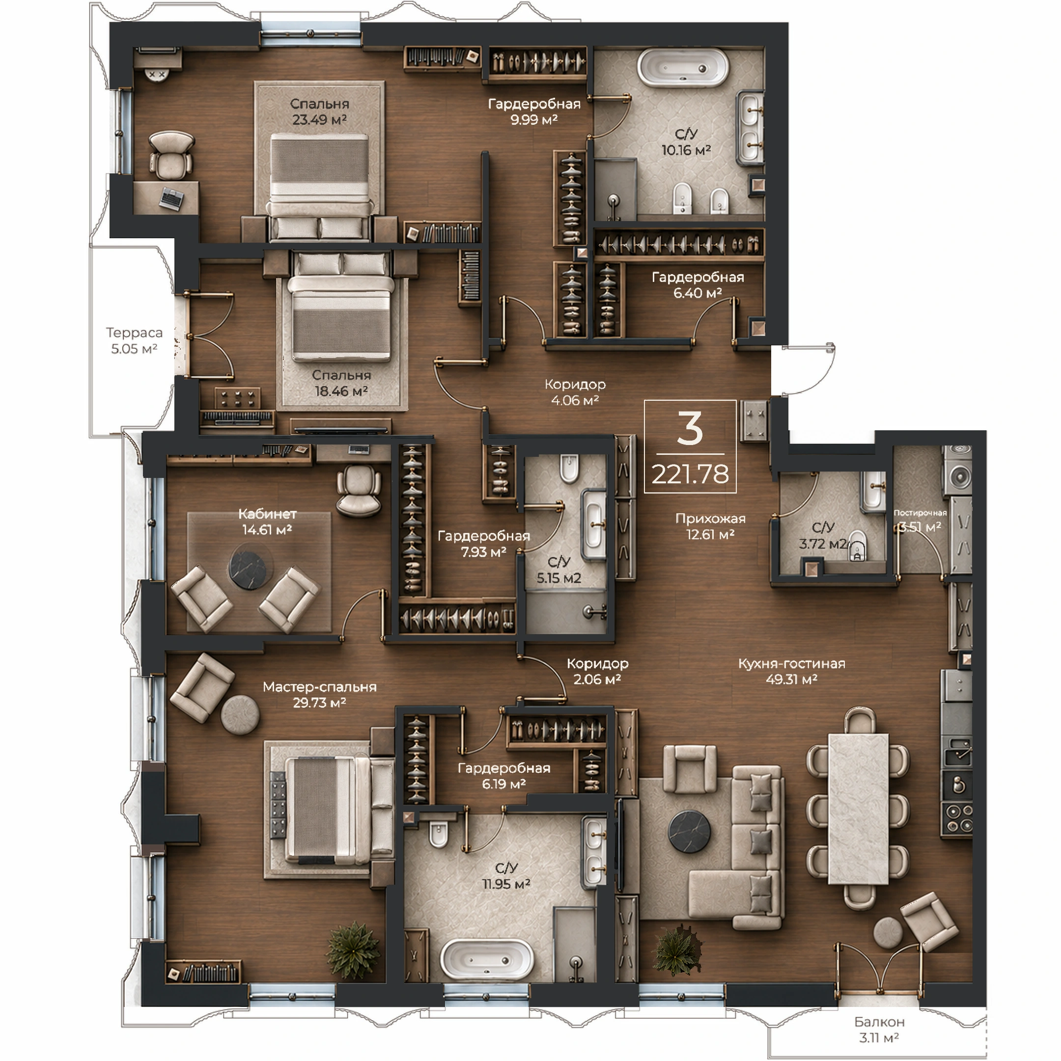 Объёмная AI-иллюстрация квартиры 221,78 м² в стиле BLACK ATLAS; материалы условные