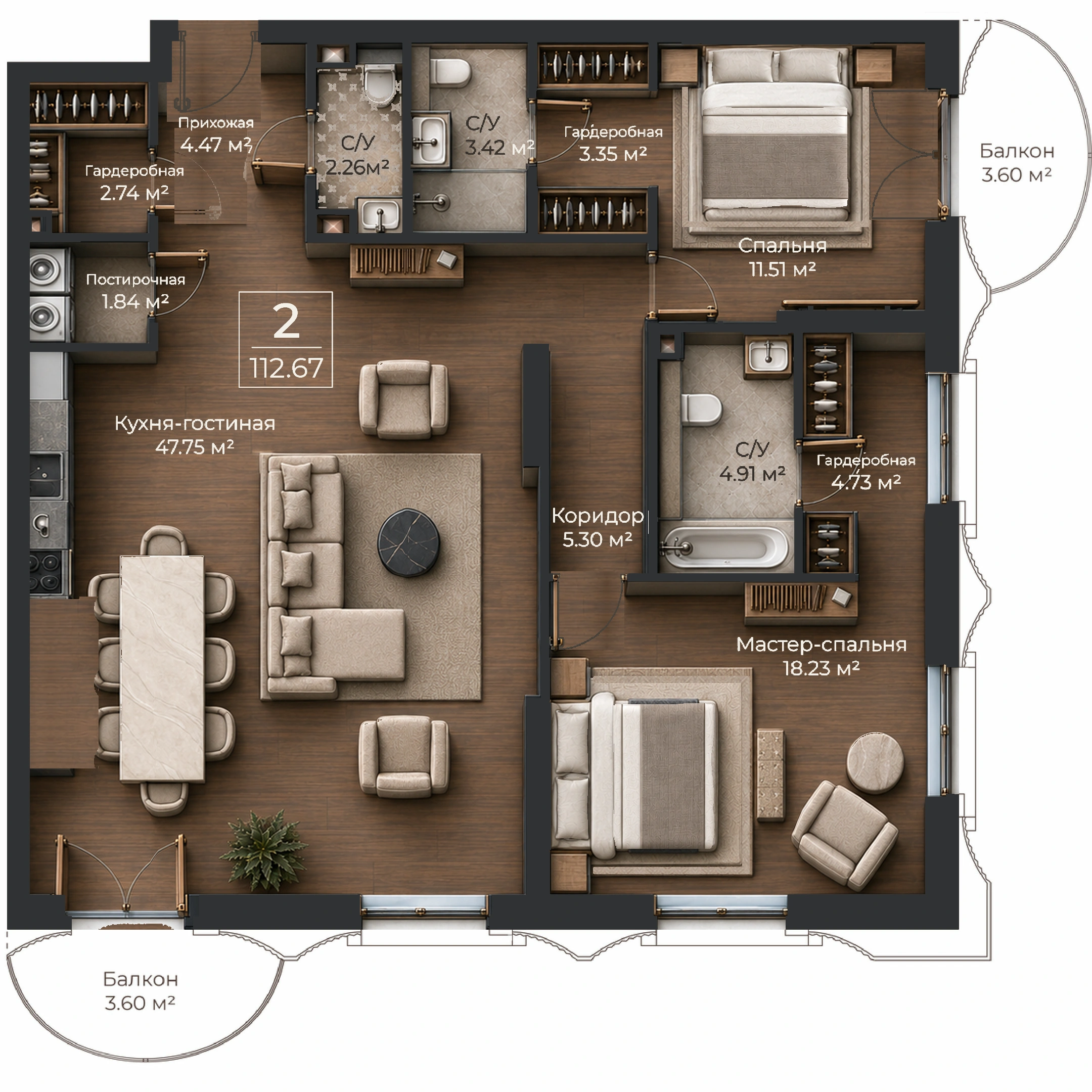 Объёмная AI-иллюстрация квартиры 112,67 м² в стиле BLACK ATLAS; материалы условные