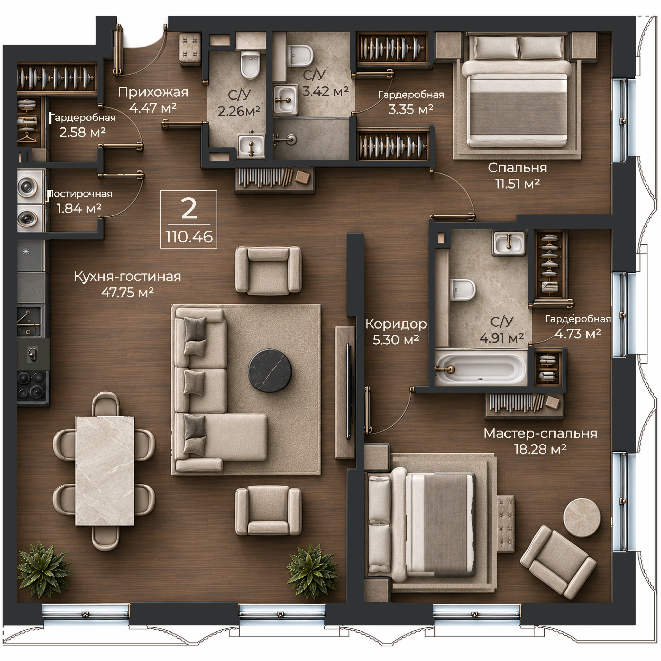 Объёмная AI-иллюстрация квартиры 110,46 м² в стиле BLACK ATLAS; материалы условные