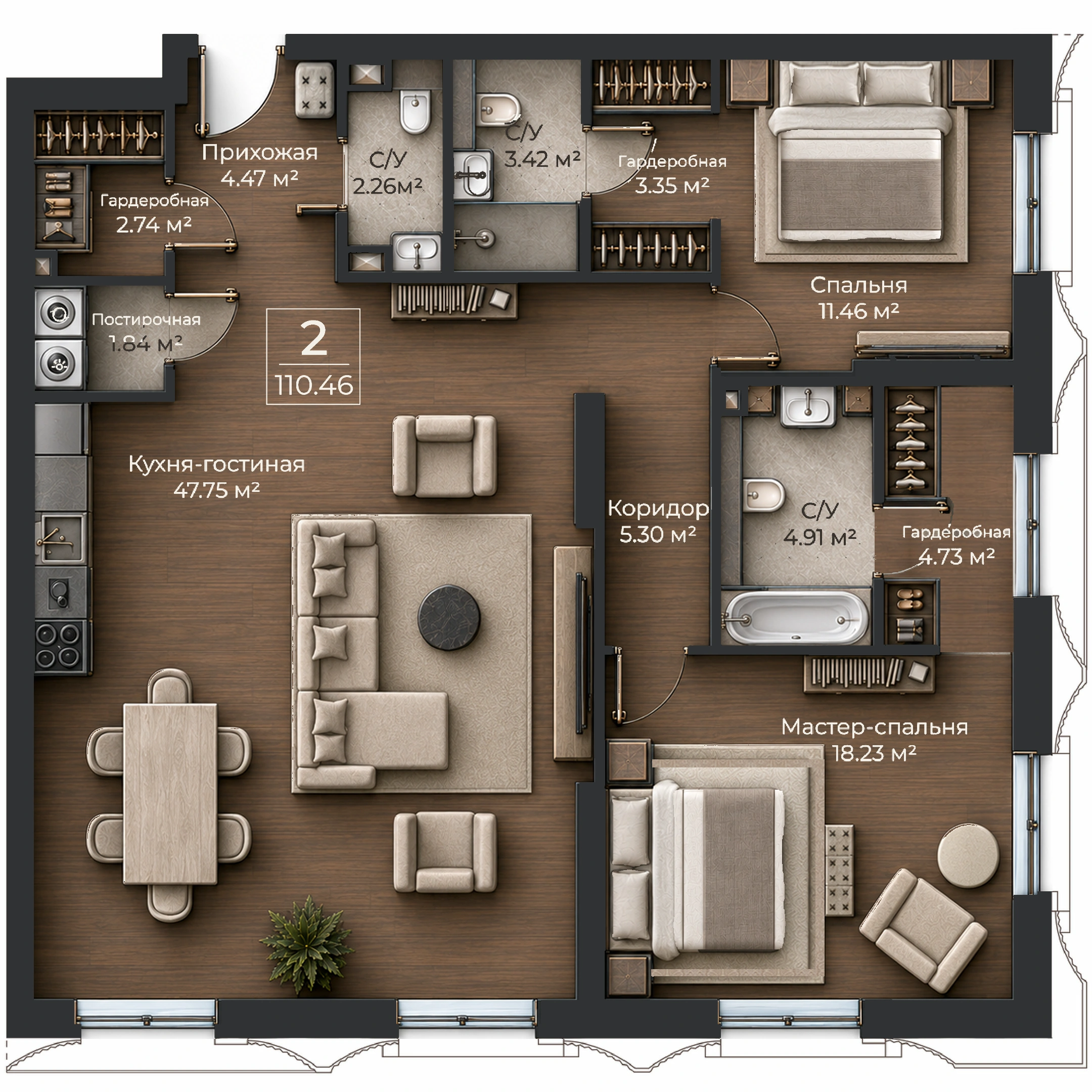Объёмная AI-иллюстрация квартиры 110,46 м² в стиле BLACK ATLAS; материалы условные