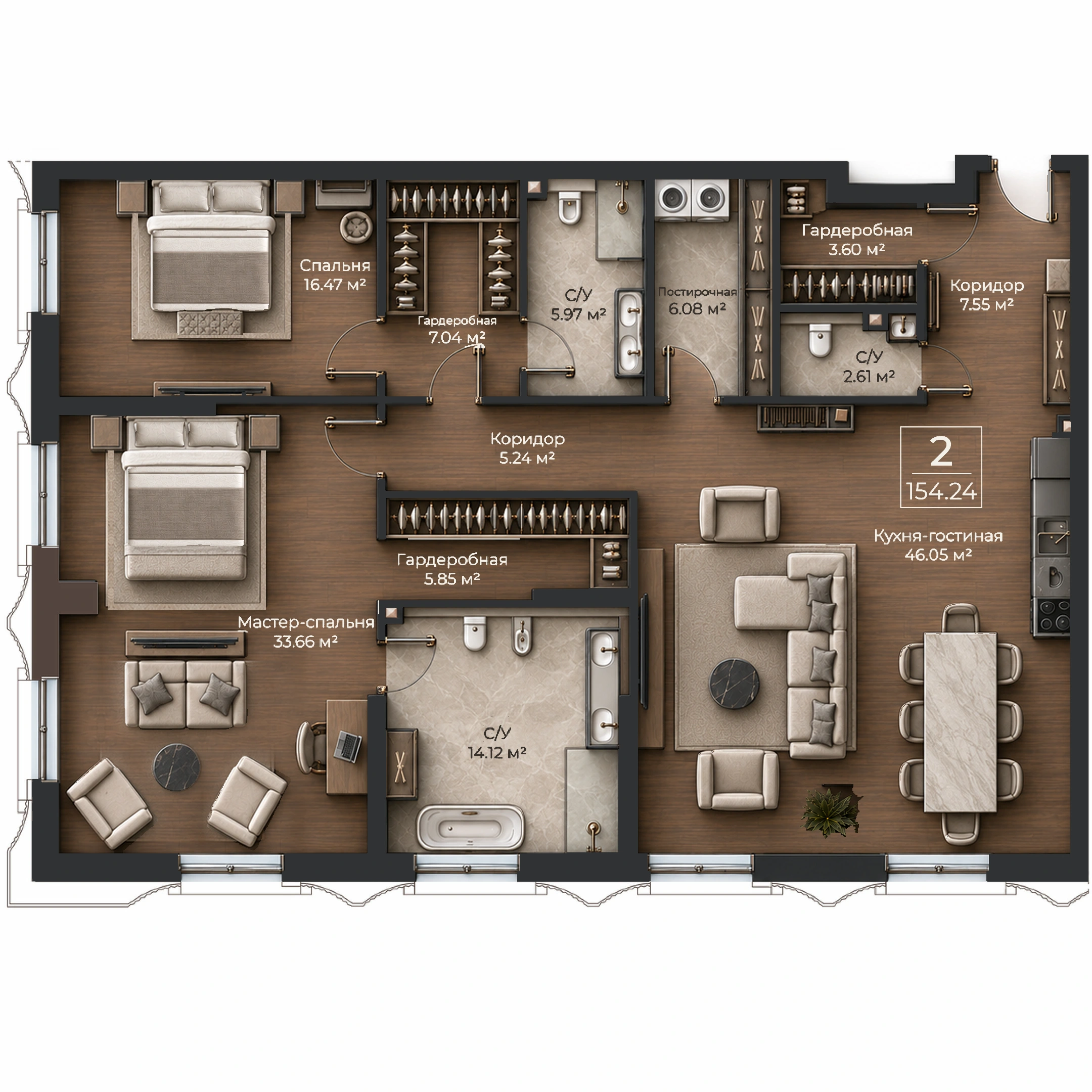 Объёмная AI-иллюстрация квартиры 154,24 м² в стиле BLACK ATLAS; материалы условные