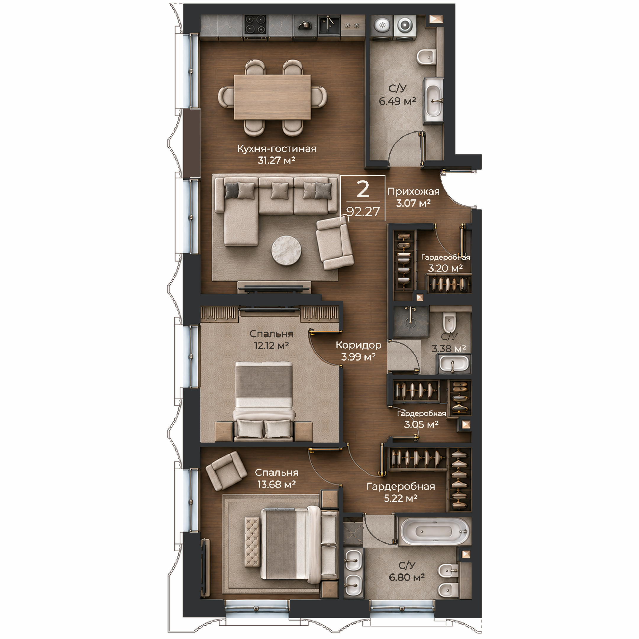 Объёмная AI-иллюстрация квартиры 92,27 м² в стиле BLACK ATLAS; материалы условные