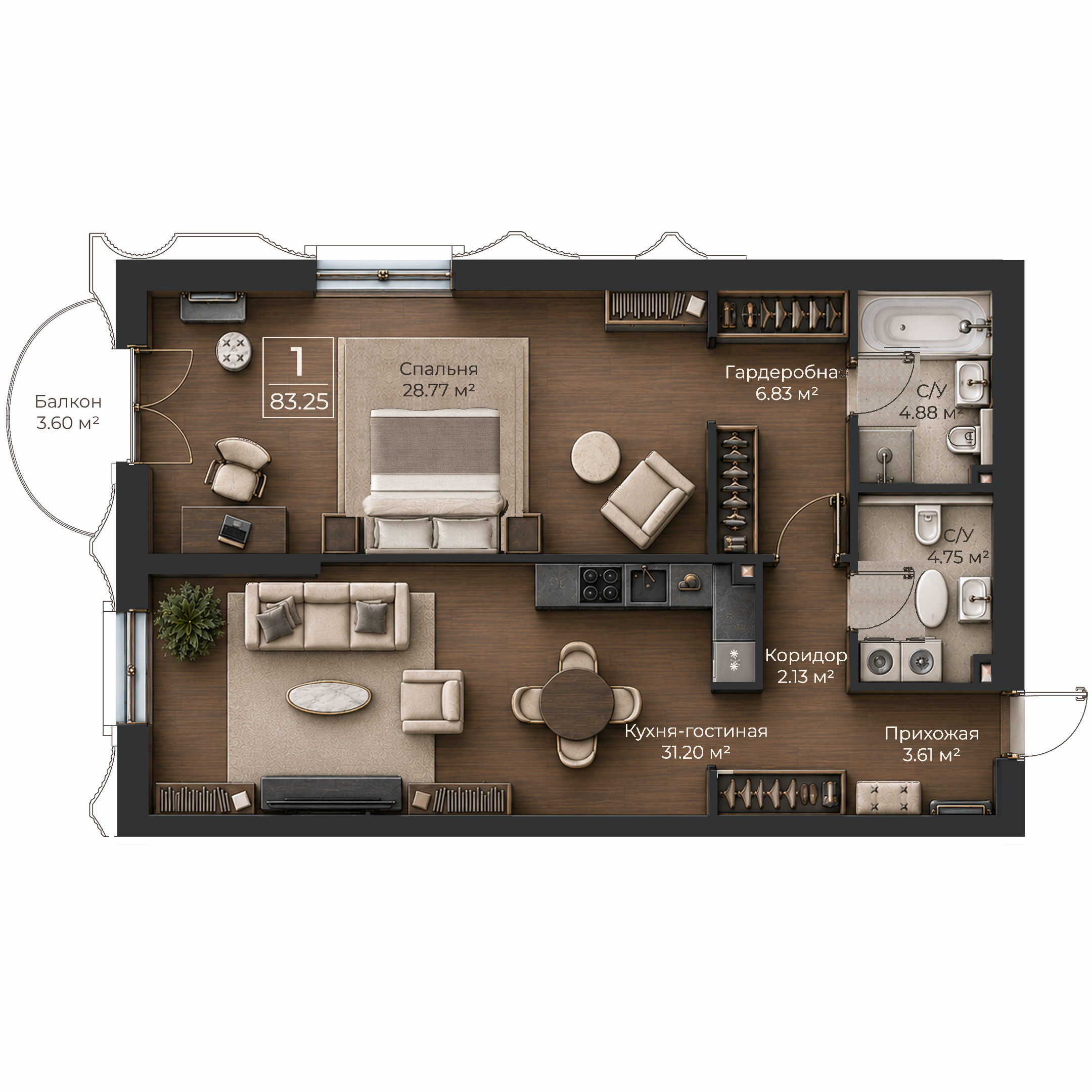 Объёмная AI-иллюстрация квартиры 83,25 м² в стиле BLACK ATLAS; материалы условные