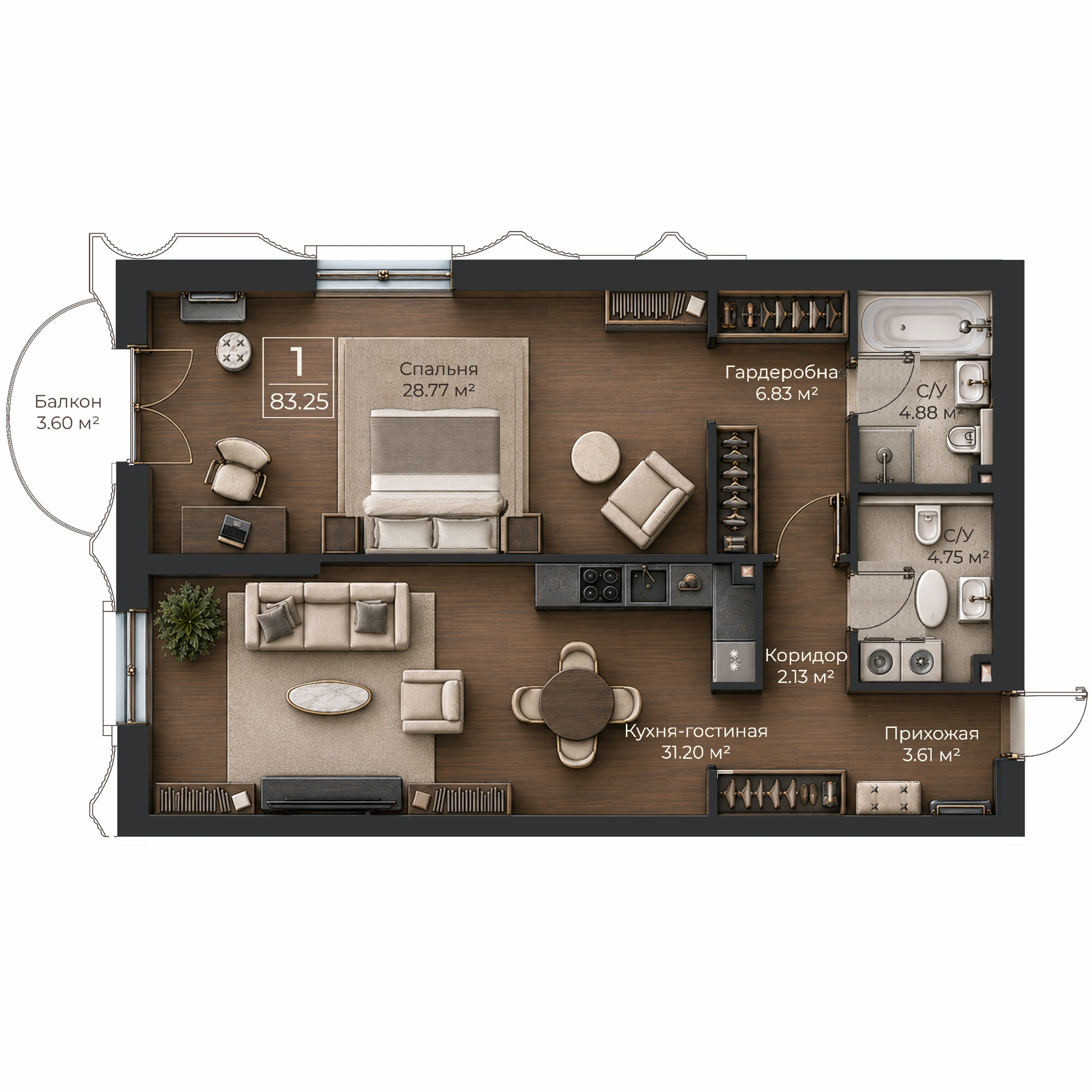 Объёмная AI-иллюстрация квартиры 83,25 м² в стиле BLACK ATLAS; материалы условные
