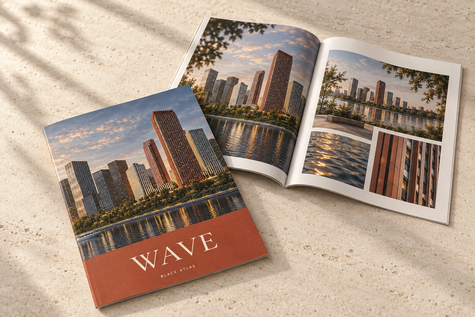 Журналы WAVE на светлом столе: мягкая обложка и раскрытый разворот