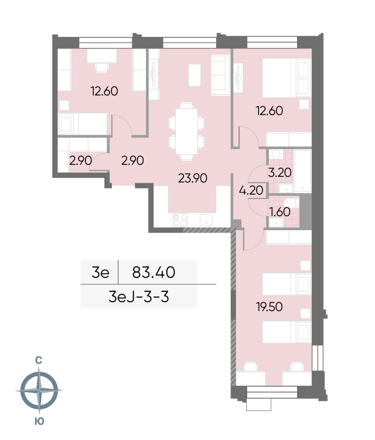 Исходная планировка 3-комнатная, 83,4 м²