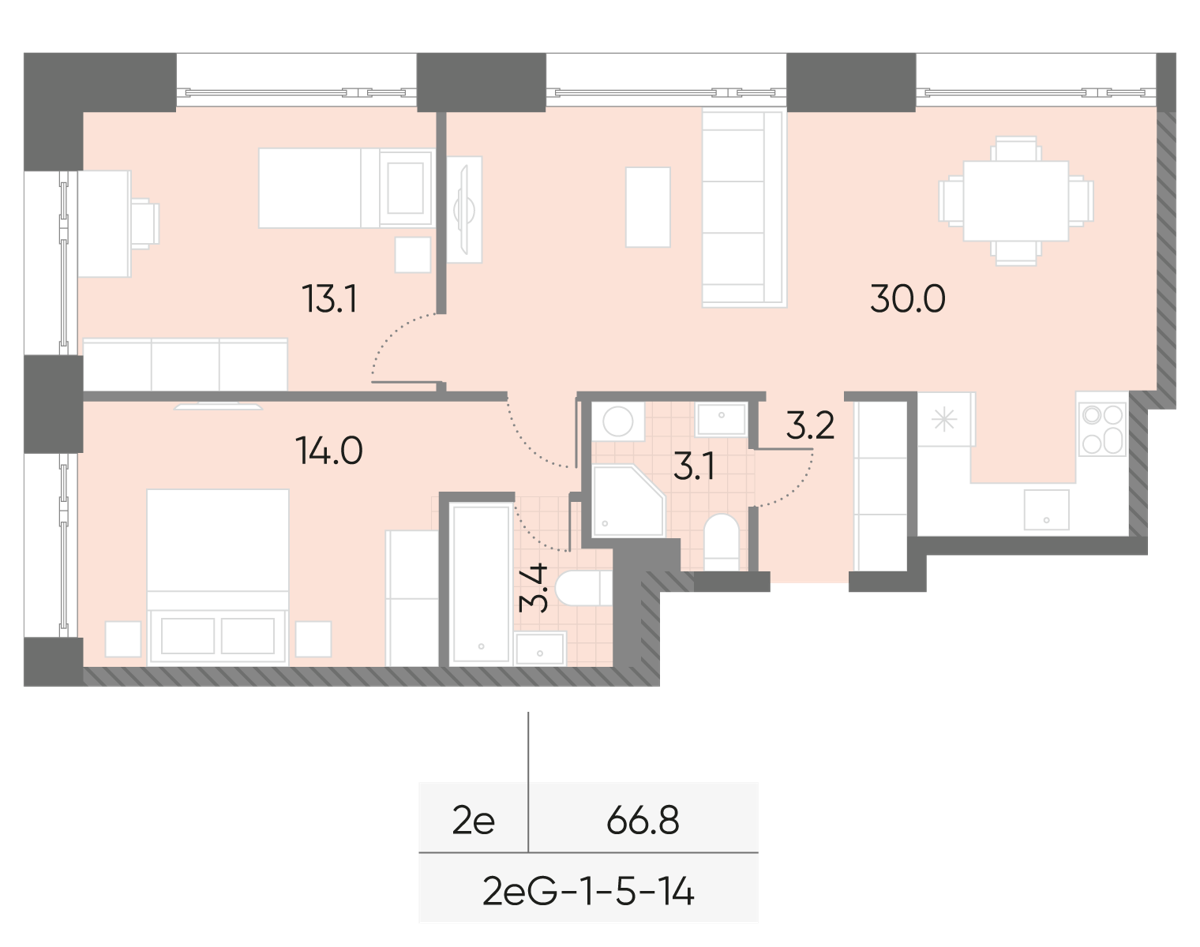 Исходная планировка 2-комнатная, 66,8 м²