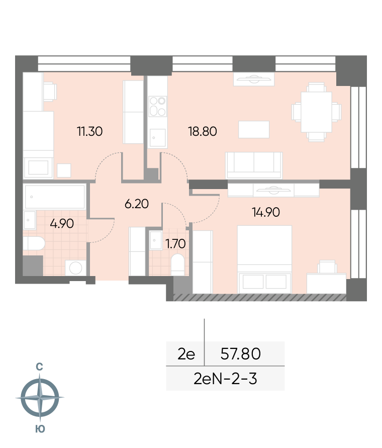 Исходная планировка 2-комнатная, 57,8 м²
