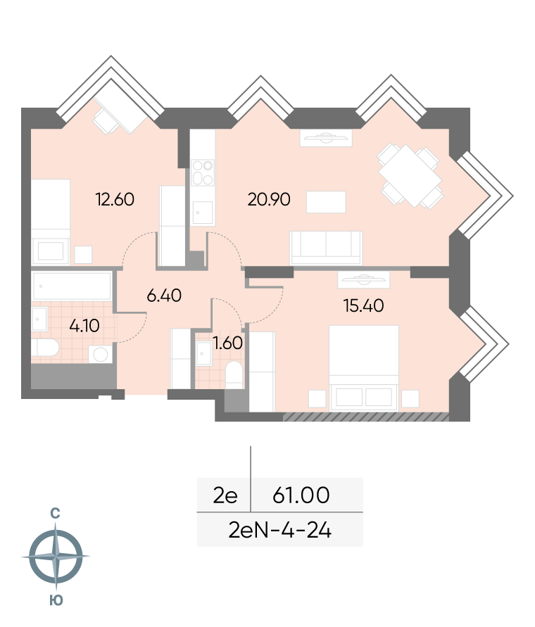 Исходная планировка 2-комнатная, 61 м²