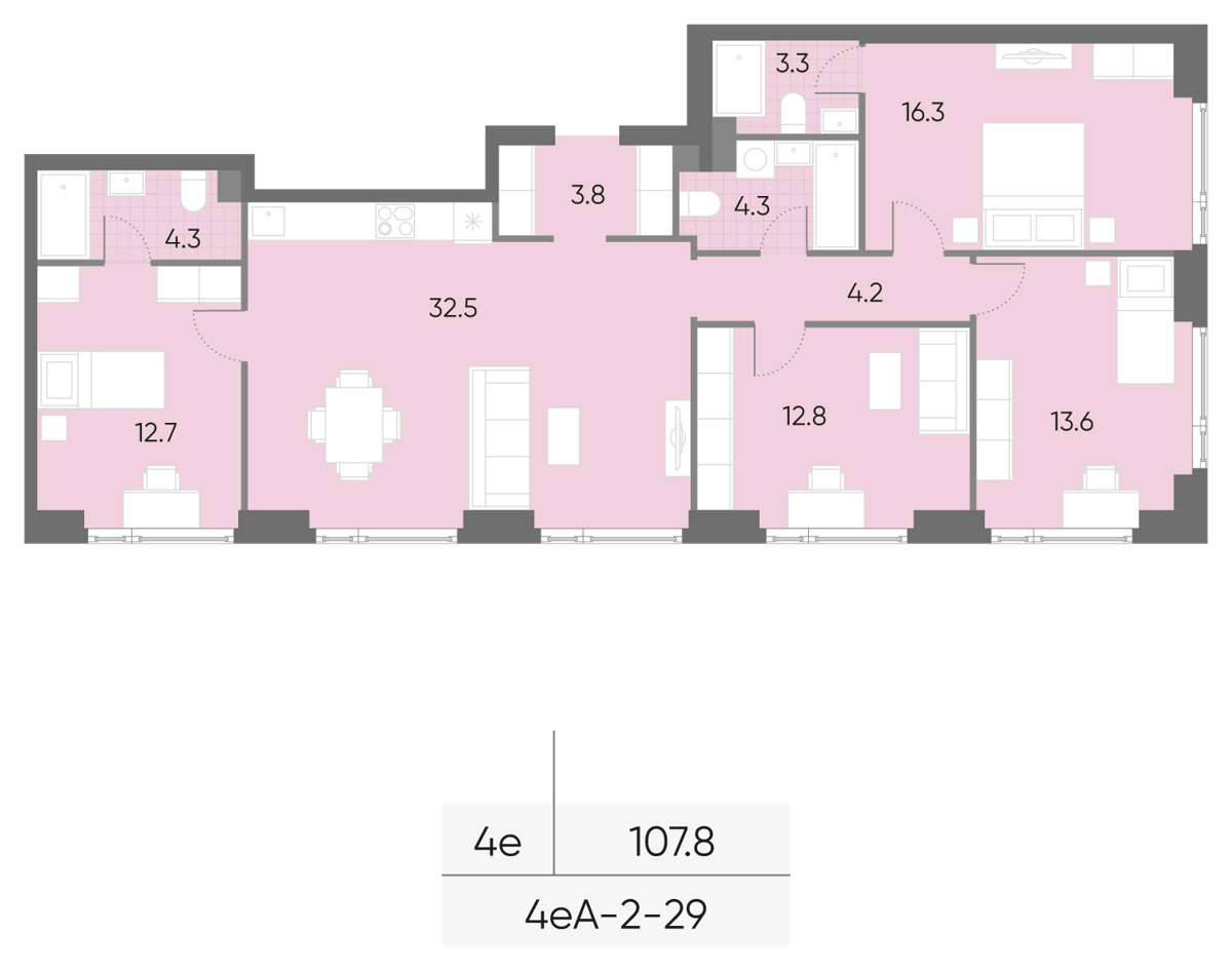 Исходная планировка 4-комнатная, 107,8 м²